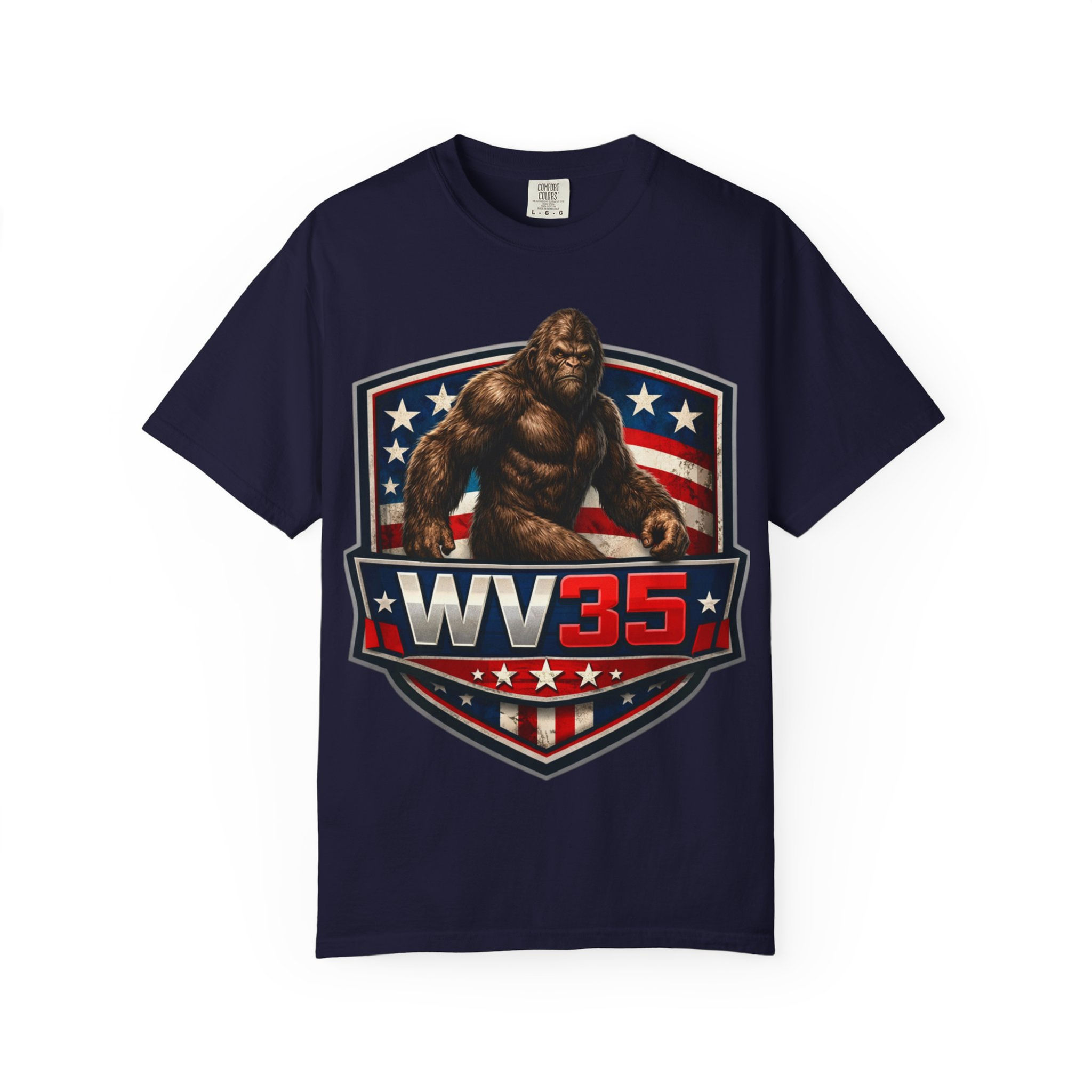 Bigfoot WV35 Shield Graphic T-Shirt — American Flag Vintage Sasquatch Tee