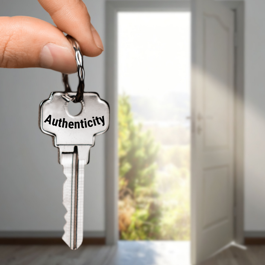 A key held by two fingers that reads, “Authenticity” in front of an open door.