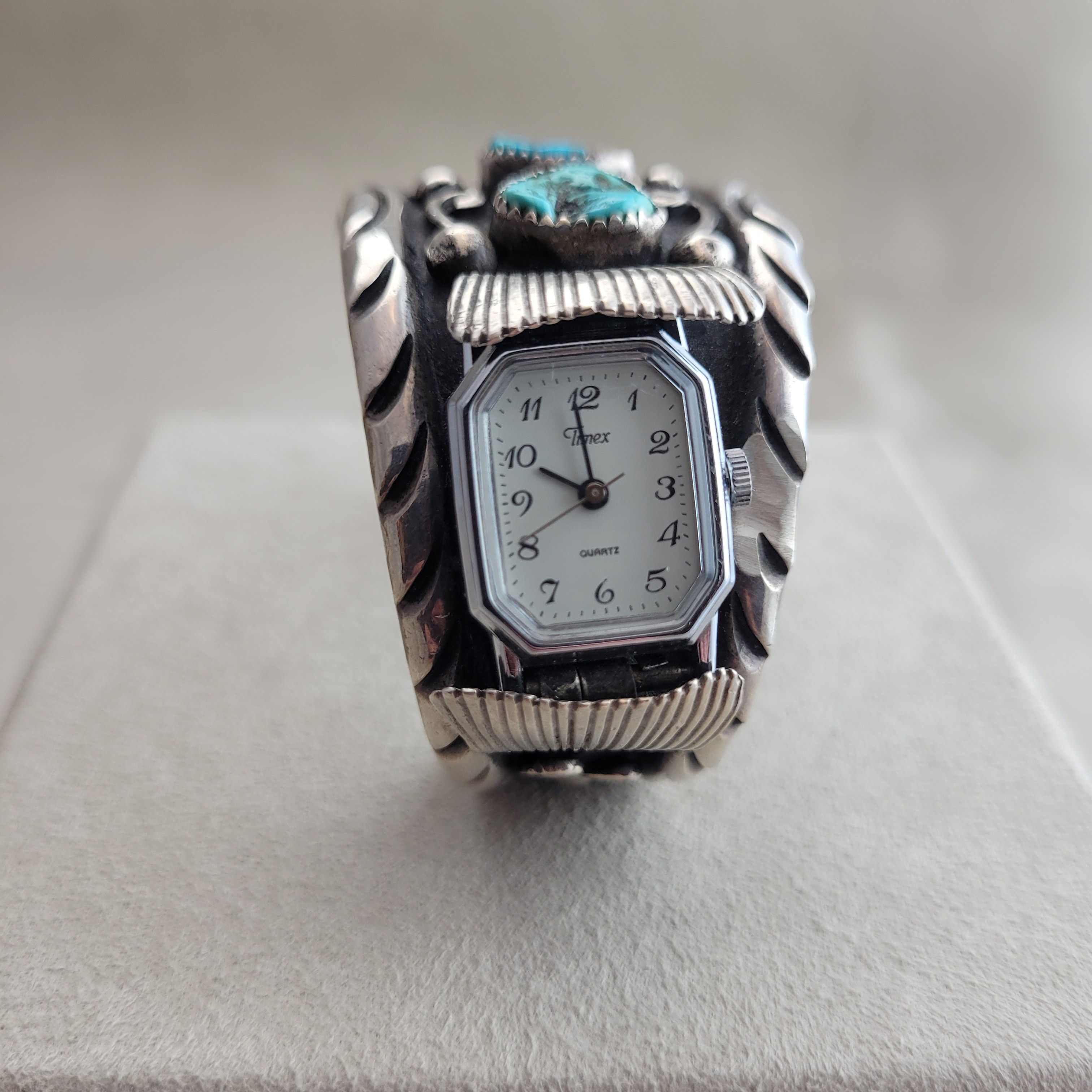 Sterling Silver Old Kingman Turquoise Timex Watch Head Cuff