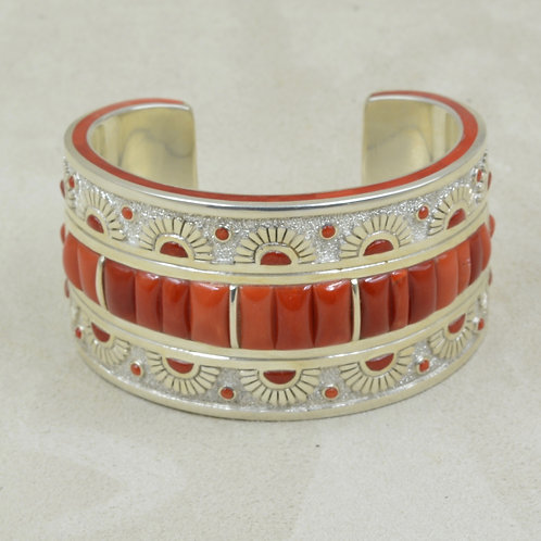 Coral Inlay and Sterling Silver All Hand Fabricated Cuff by Mike Perry