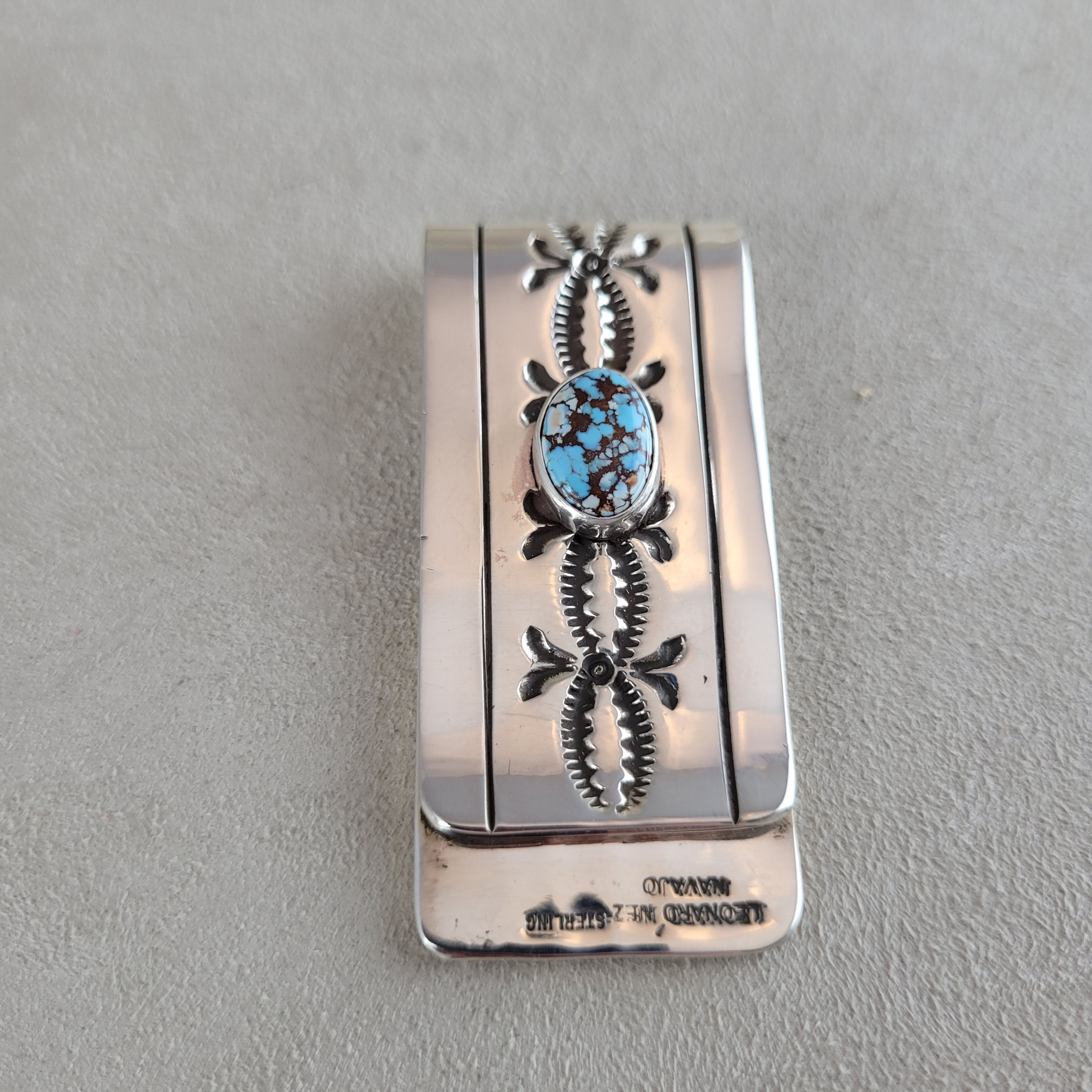 Sterling Silver Stampwork Money Clip with Golden Hills Turquoise by Leonard Nez
