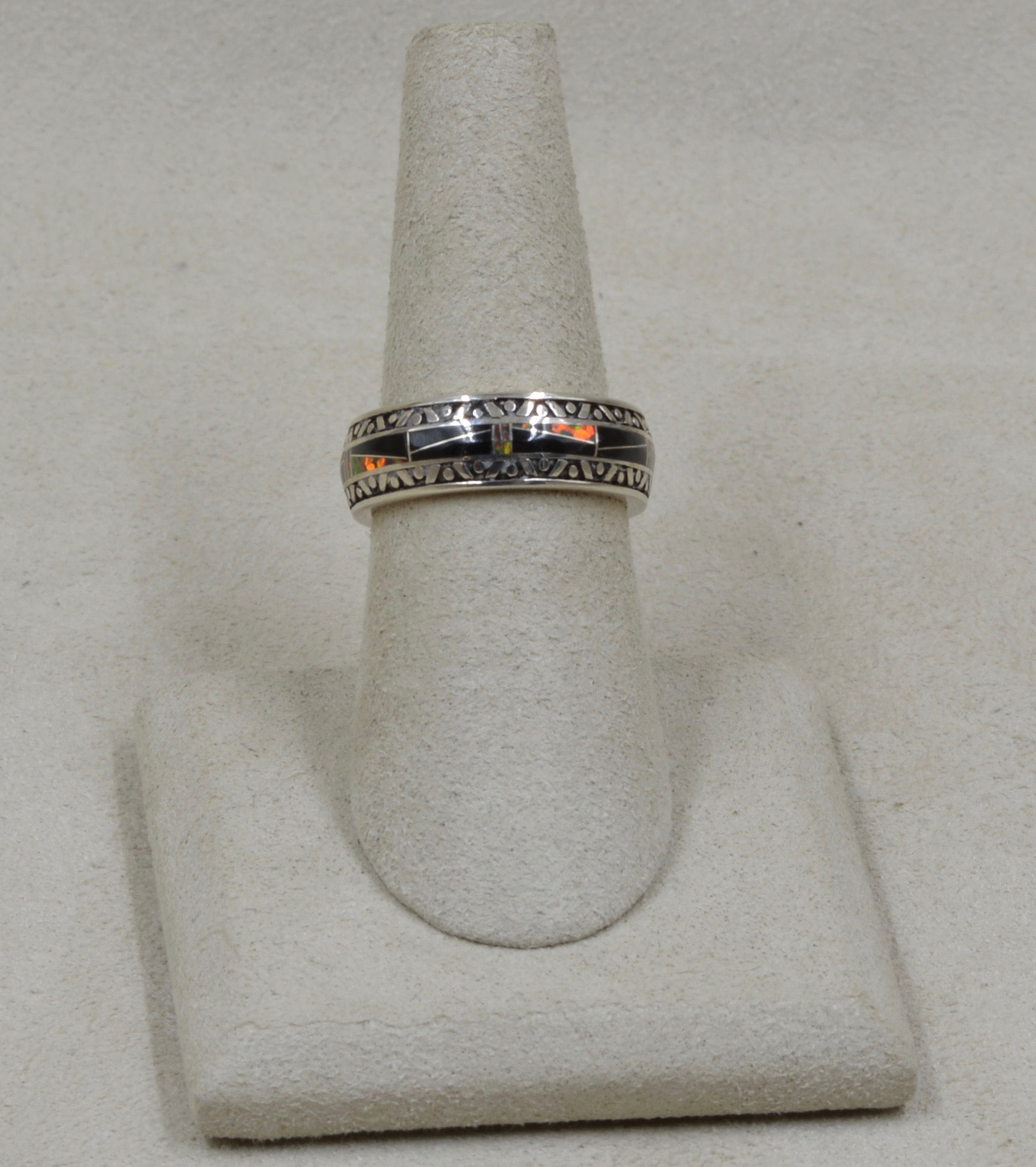 Black Jade, Red Lab Opal, & Sterling Silver 7x Ring by GL Miller Studio