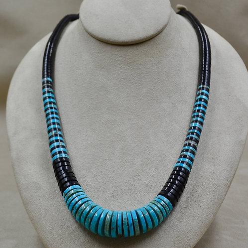 1 Strand Long Gradiated Jet & Kingman Turquoise Necklace by Kenneth Aguilar