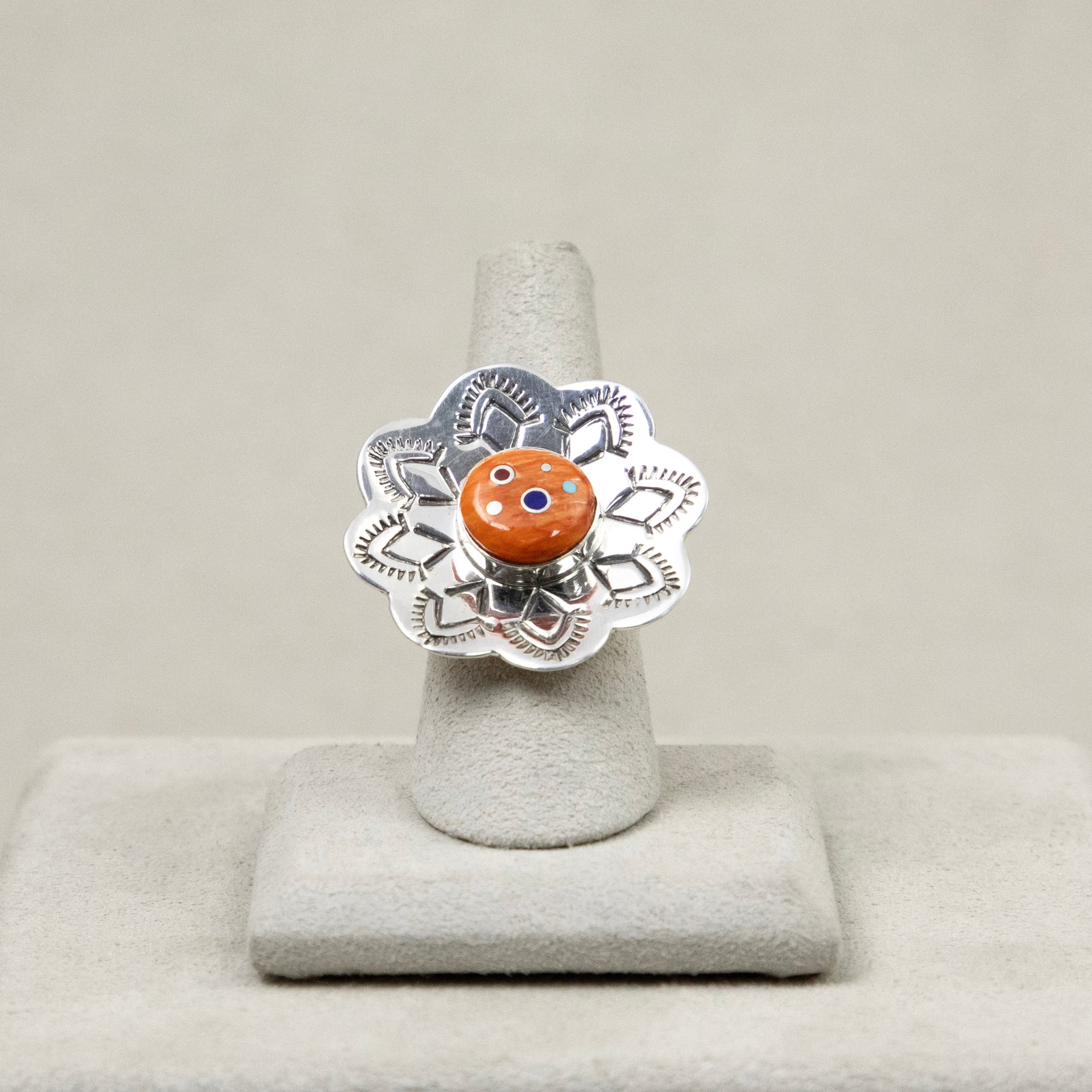 Sterling Silver Flower Spiny Oyster, TQ, Coral, Lapis Ring by Veronica Benally
