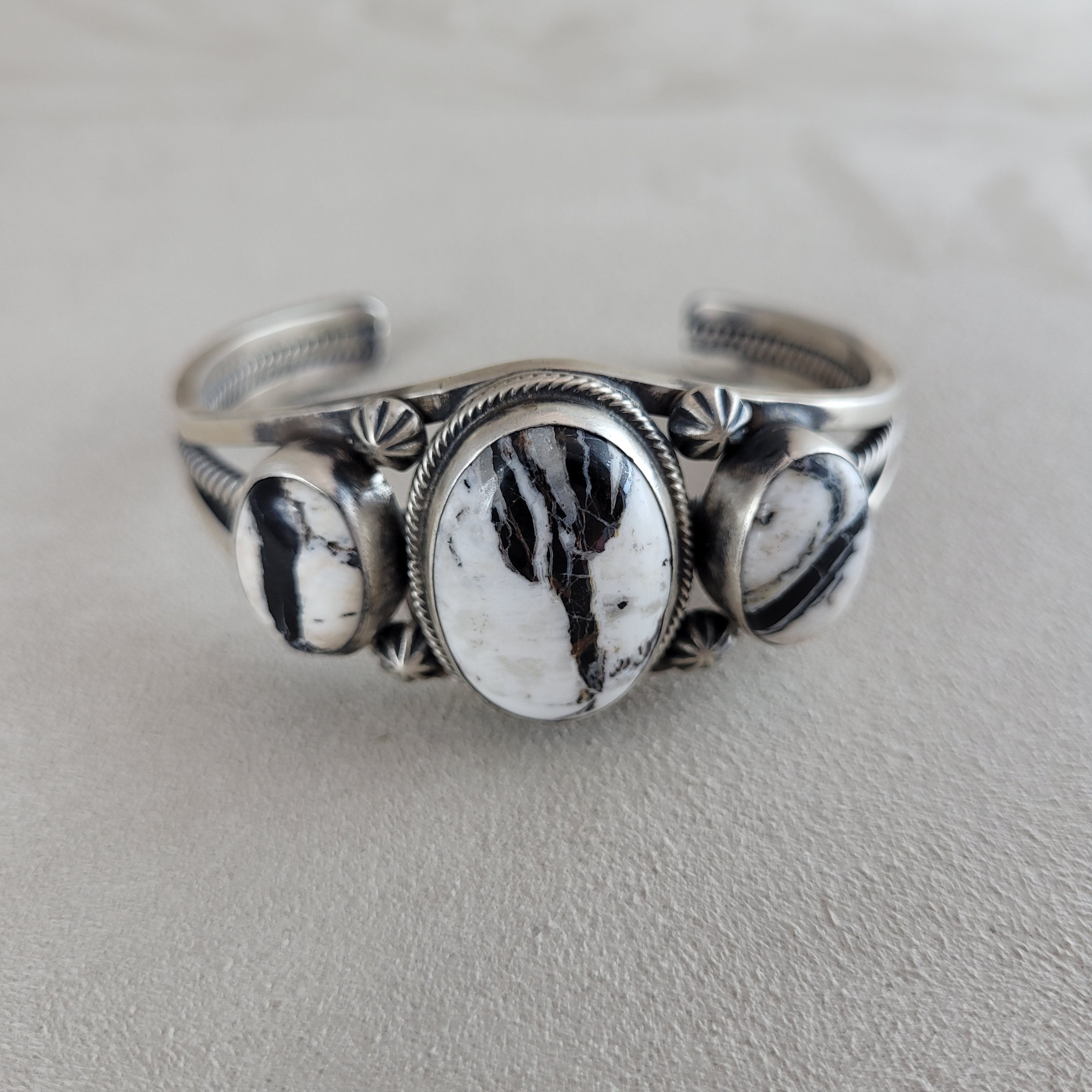 Sterling Silver 3 Stone White Buffalo Cuff by Paul Livingston