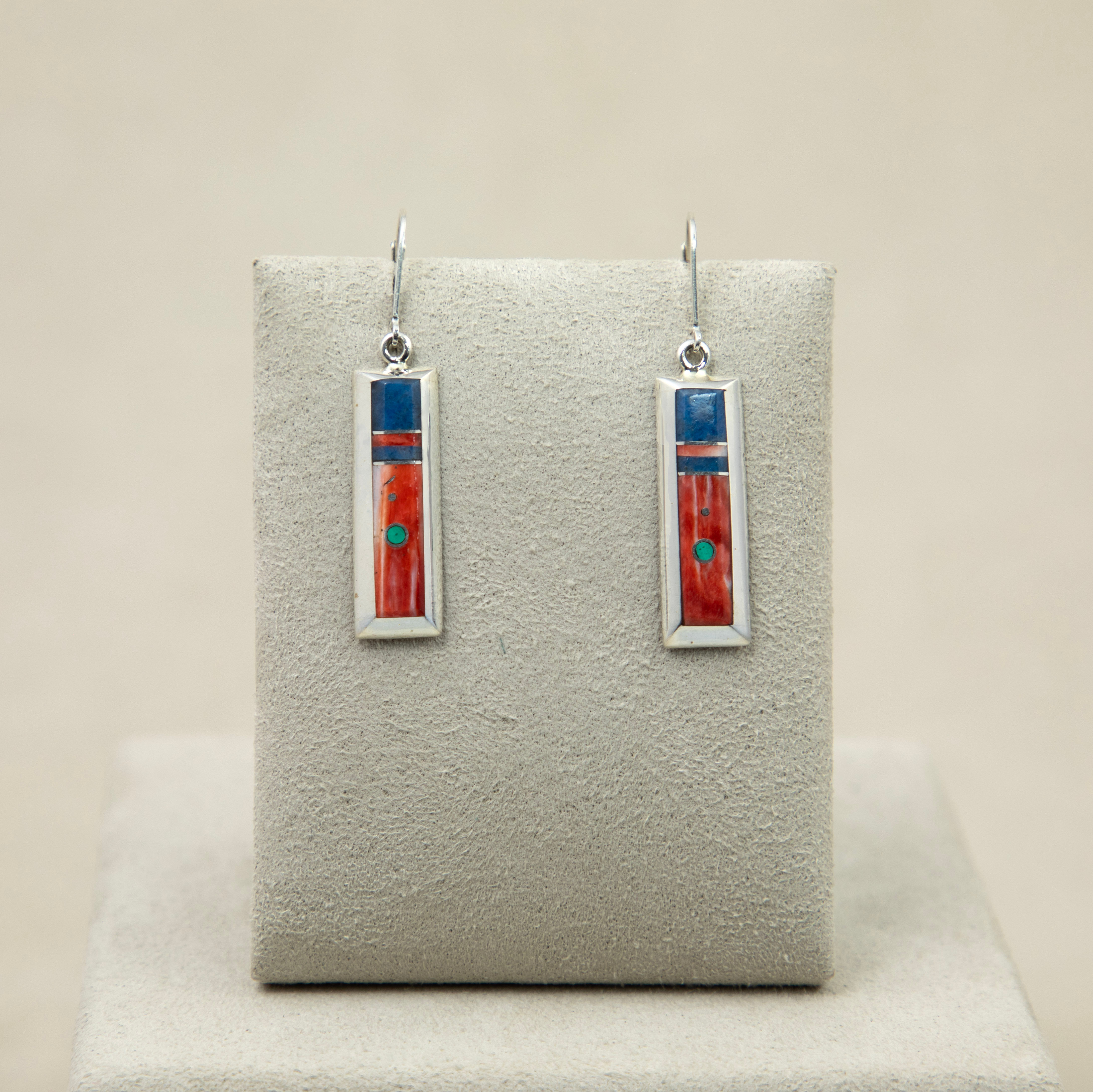 Sterling Silver Tri-Edge Lapis,Spiny Oyster,Turquoise Earrings-Veronica Benally