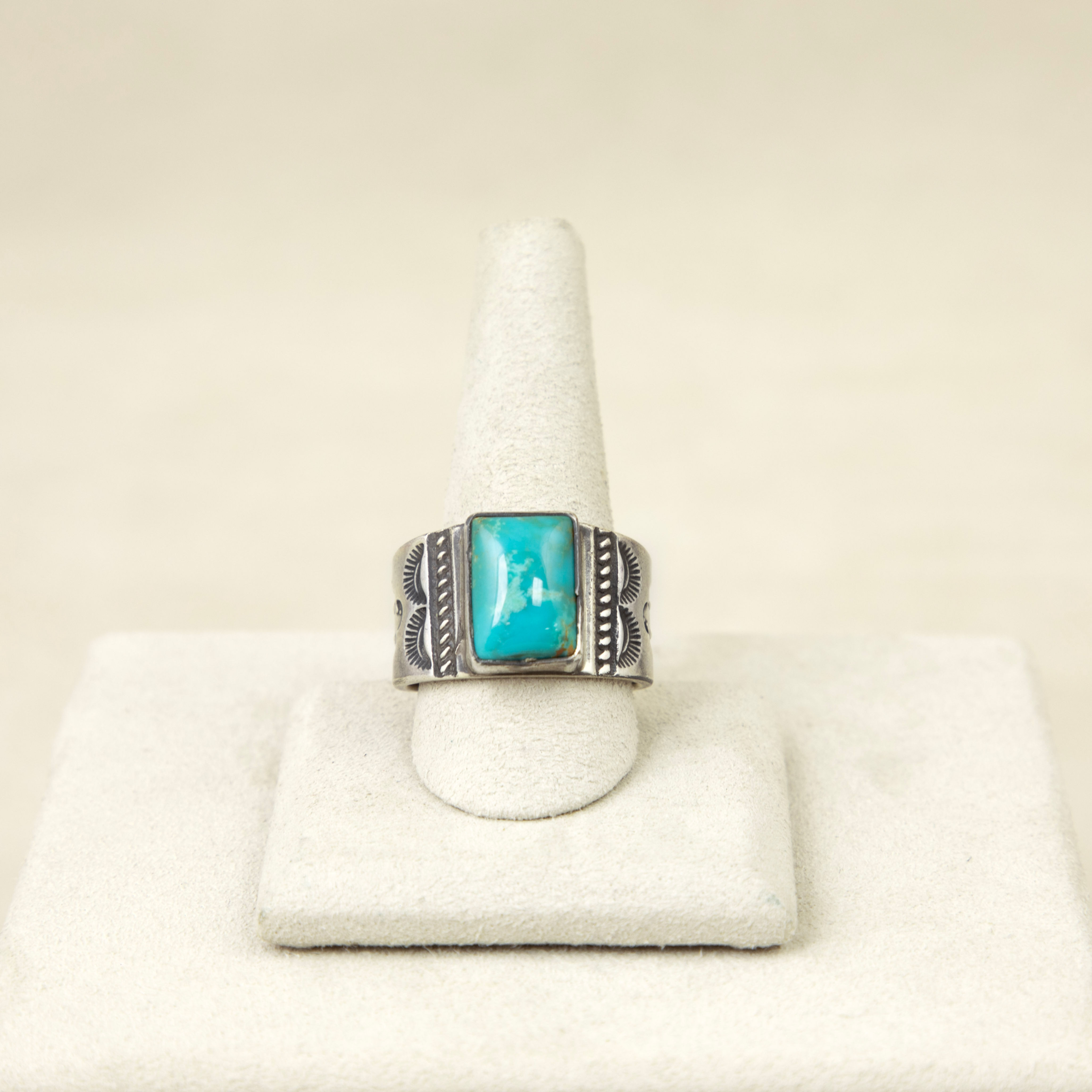 Sterling Silver Square Blue Turquoise Stamped Cigar Band Ring by Mike French