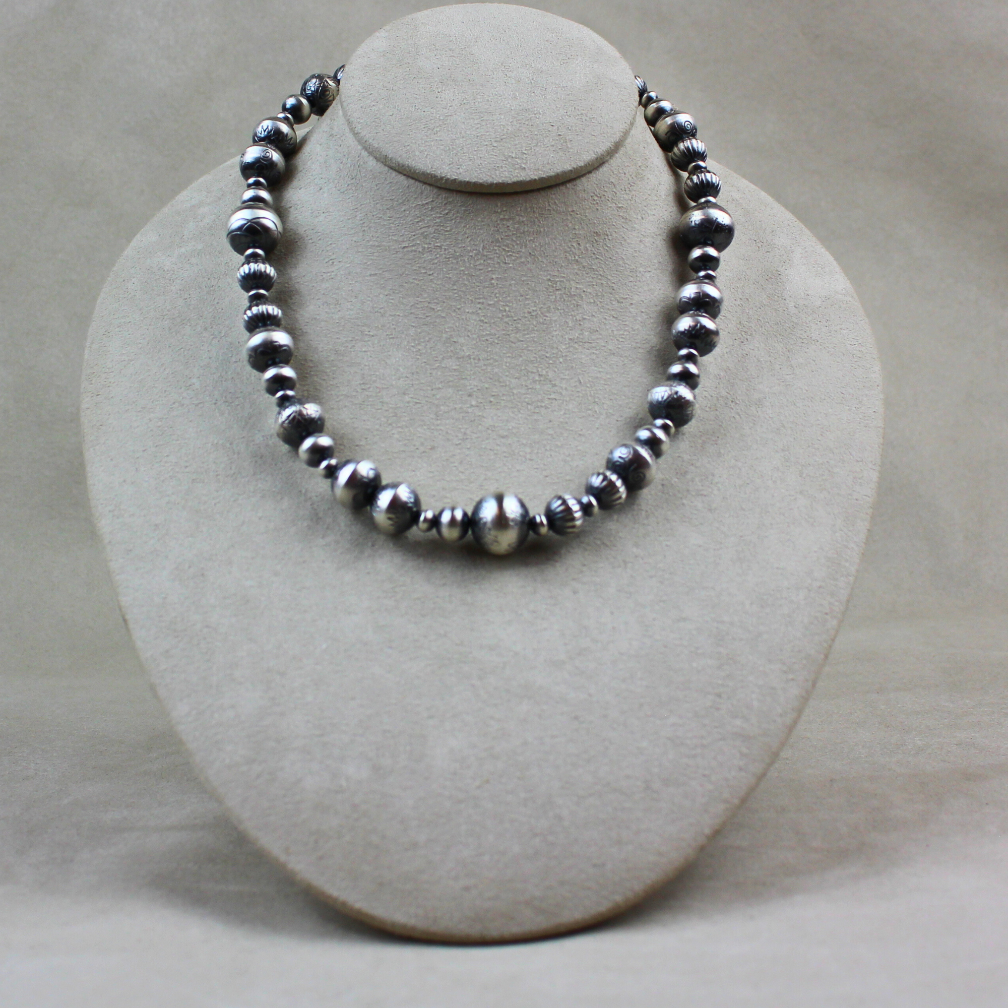 Oxidized Handmade Sterling Silver Stamped Bead Necklace by Victoria Haley