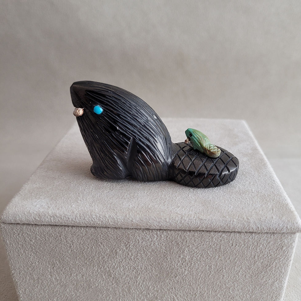Thumbnail: Beaver with Baby Zuni Fetish - Silverado Jet & Turquoise - Signed