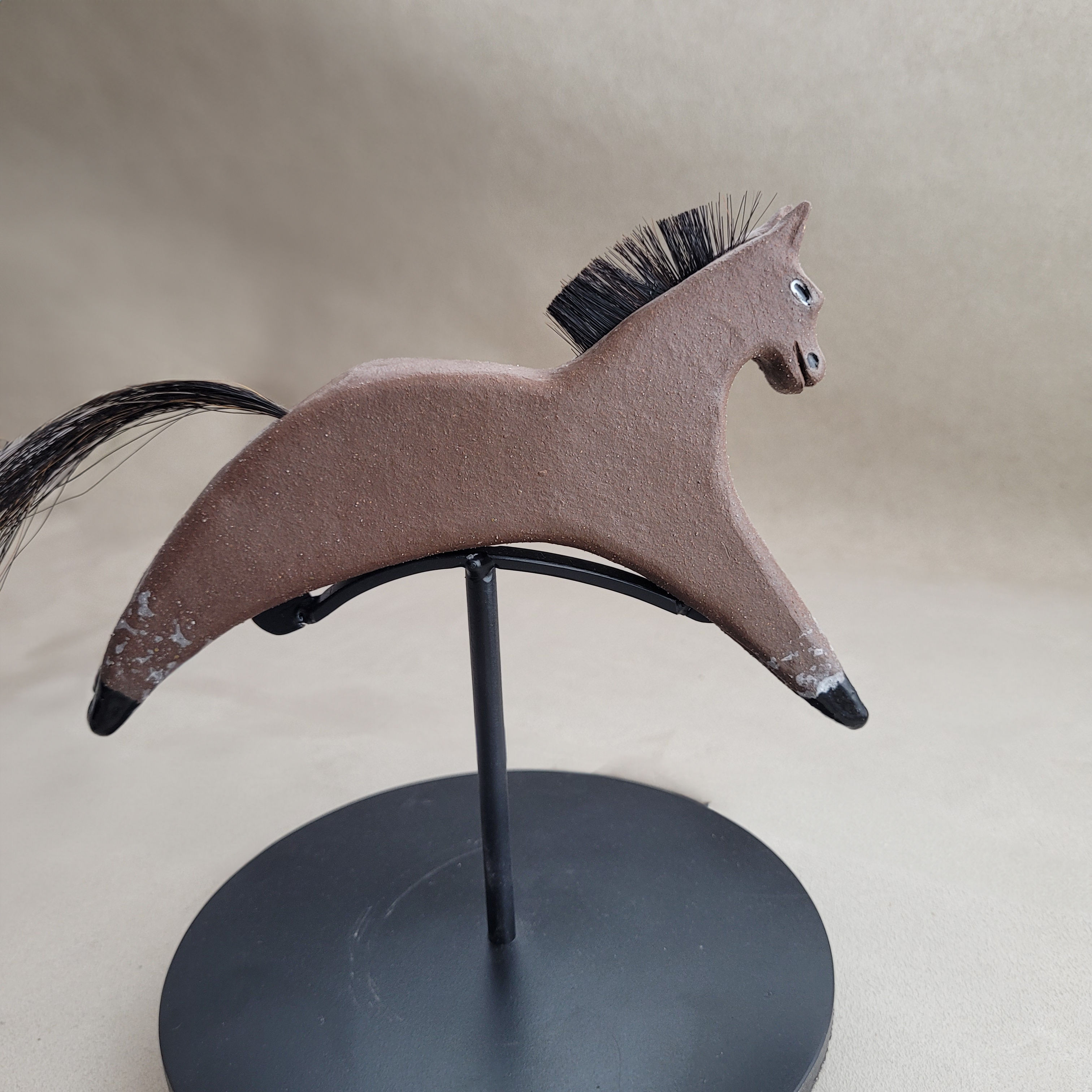"Cocoa Puff" Brown Clay Foal Sculpture on Metal Stand / Base