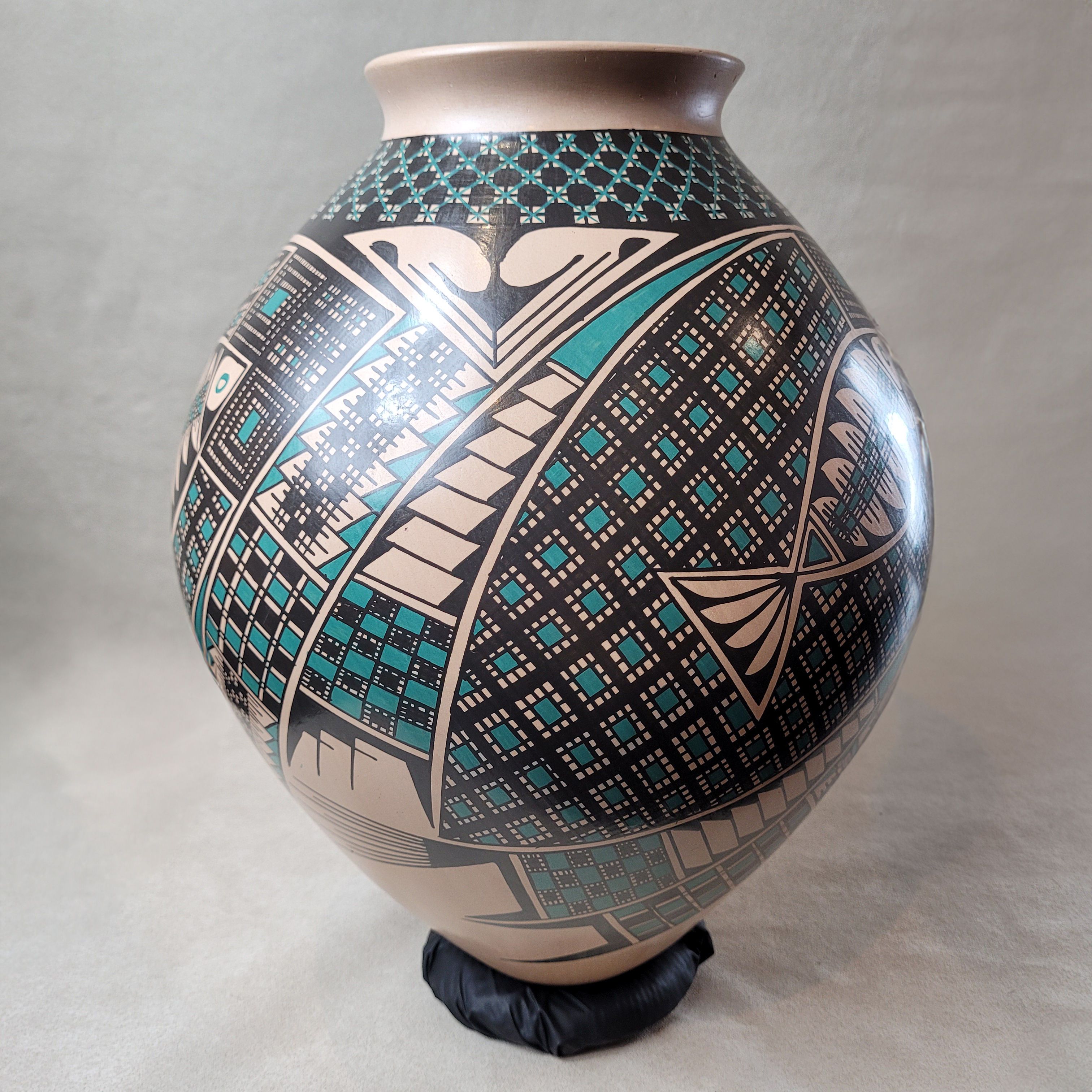 Large Turquoise / Cream / Black Fish Motif Vase on Metal Stand