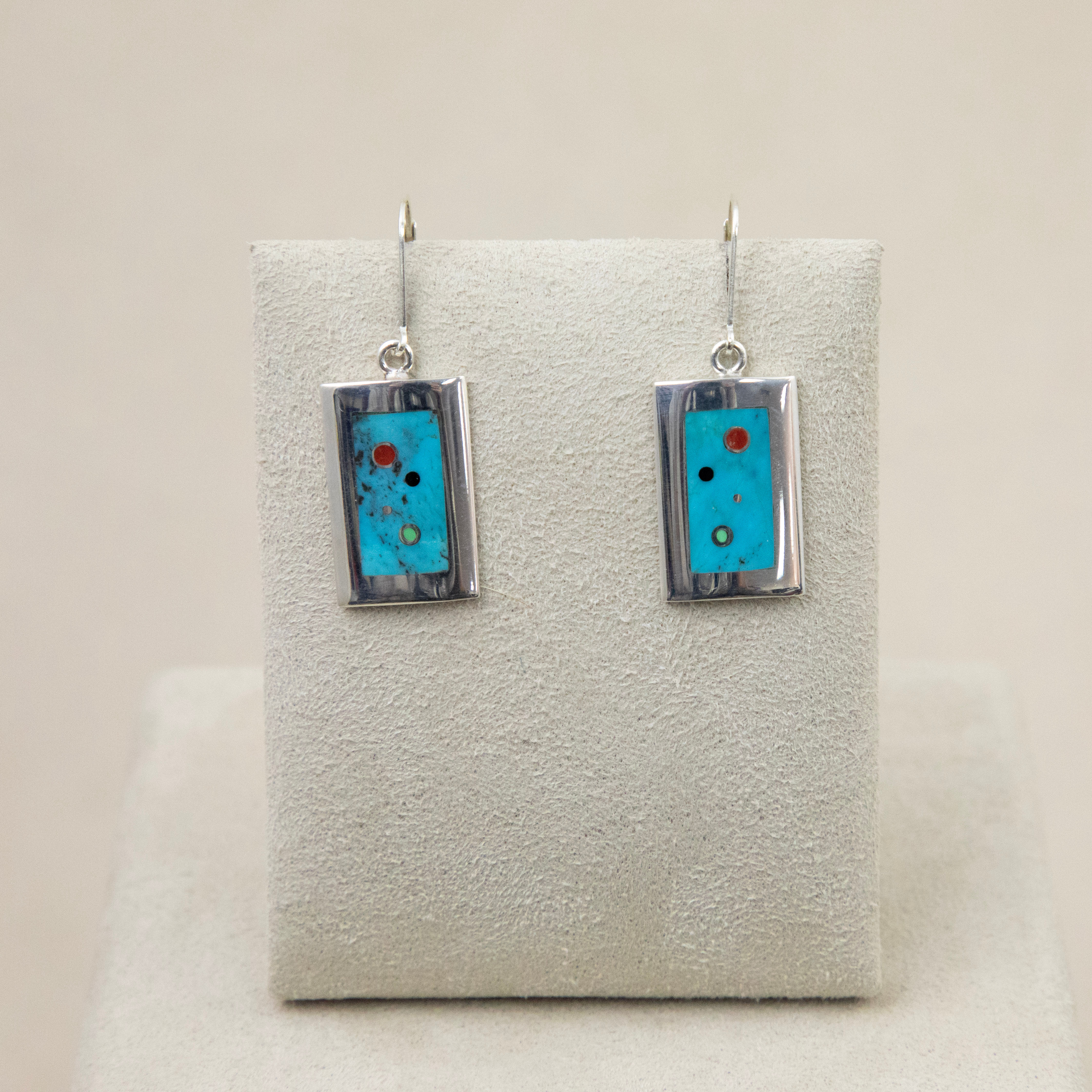 Sterling Silver Rect Low Dome TQ,Coral,Onyx,Gaspeite Earrings - Veronica Benally