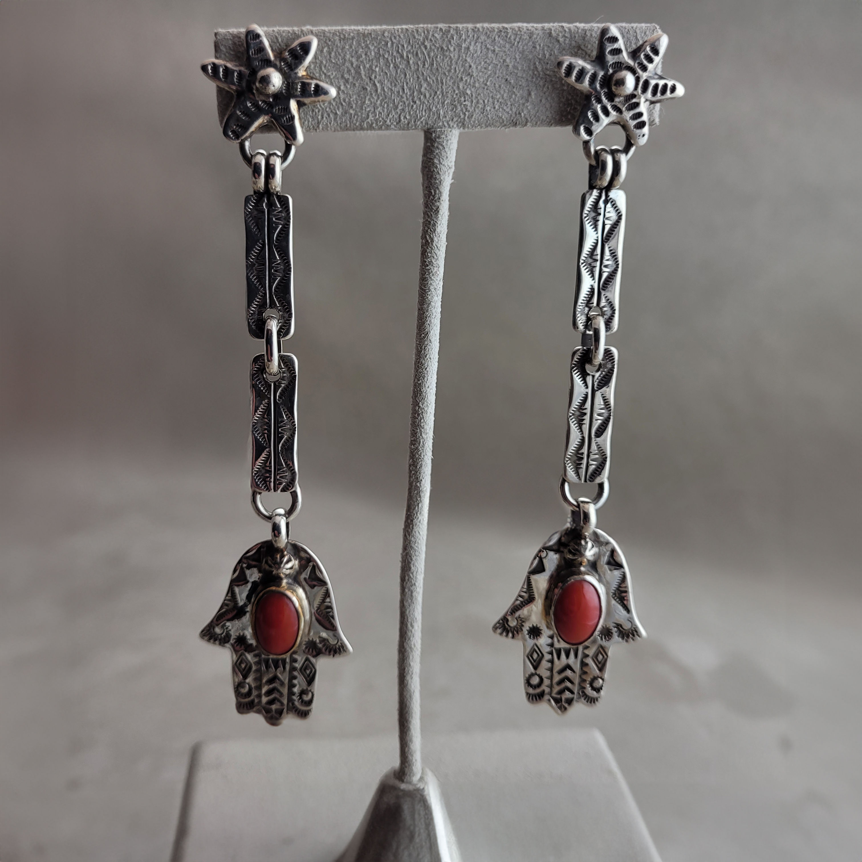 Long Plaines Style Coral Earrings with Hamsa / Fatima Charms by Melanie DeLuca