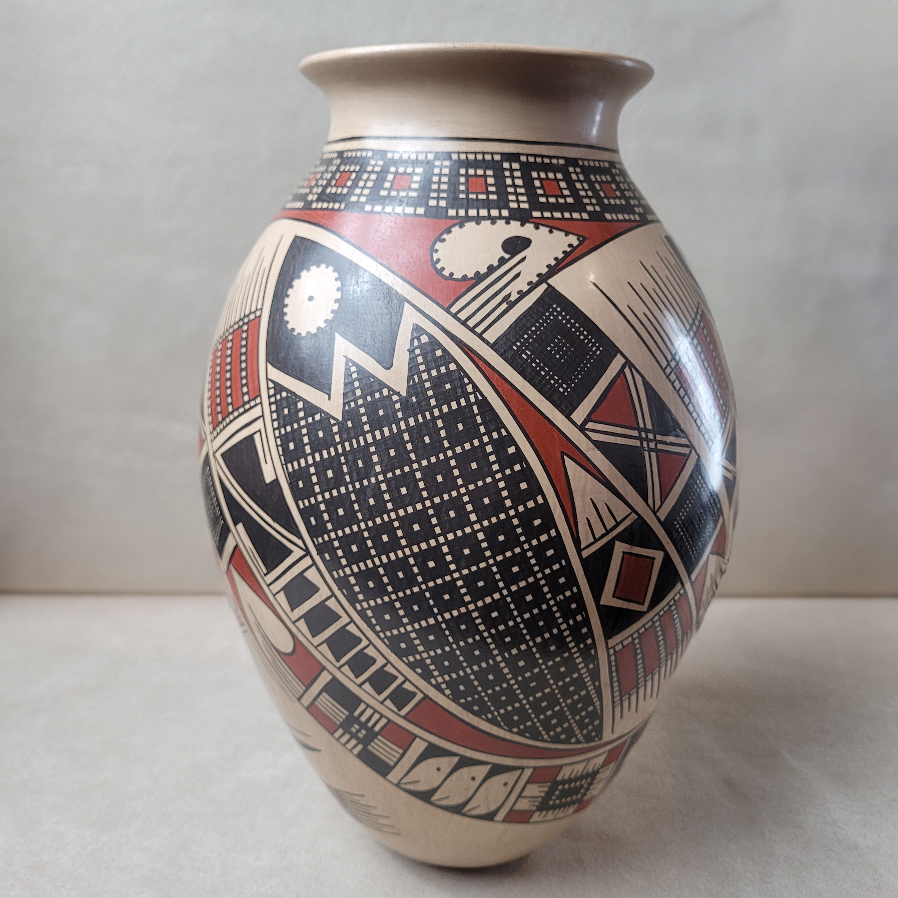 Large Cream, Red, & Black Geometric Patterned Mata Ortiz Vase