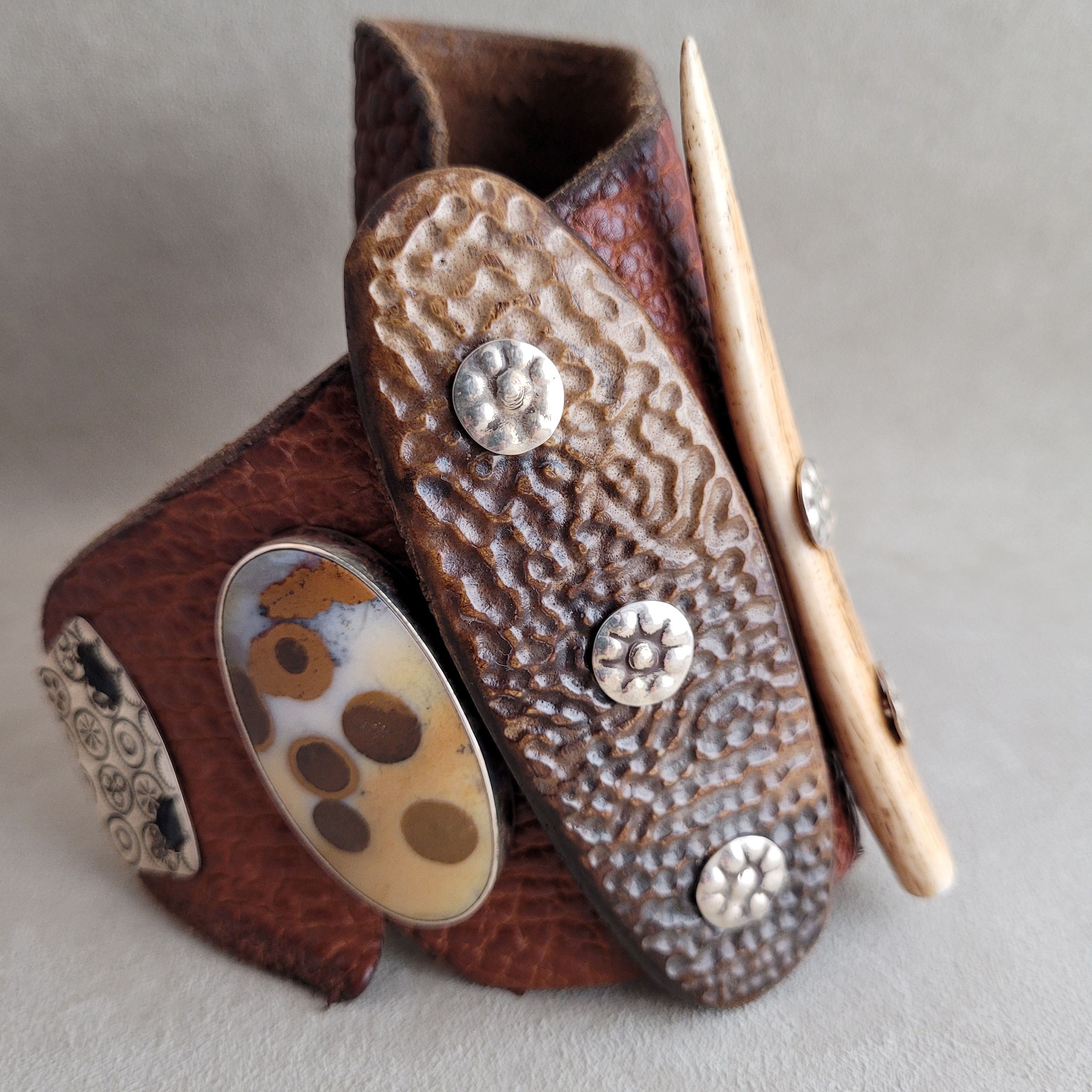 Buffalo Hide Ketoh with Bone, Poppy Jasper, & Alligator Skull, by Melanie DeLuca