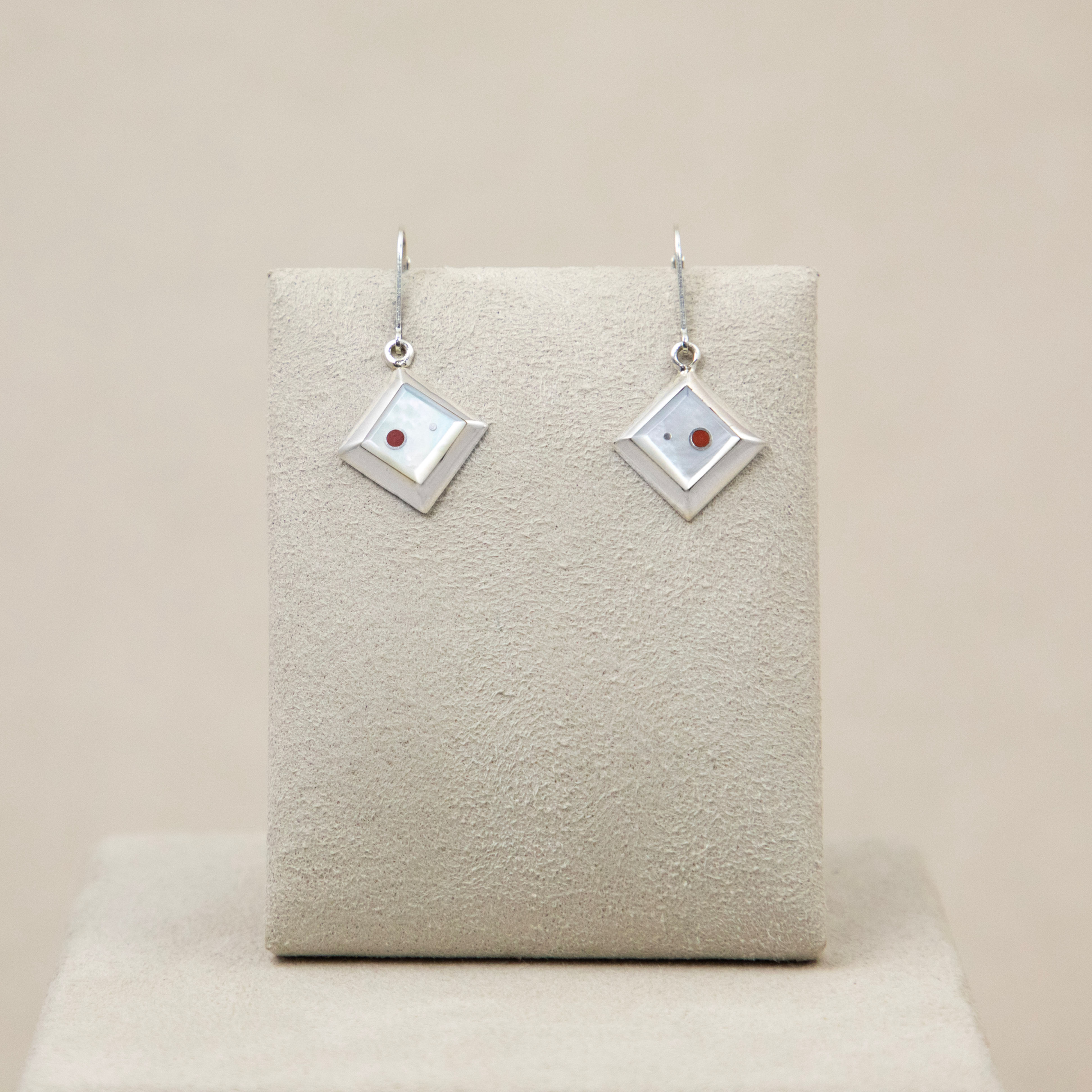 Sterling Silver Sm Diamond Mother of Pearl & Coral Earrings by Veronica Benally