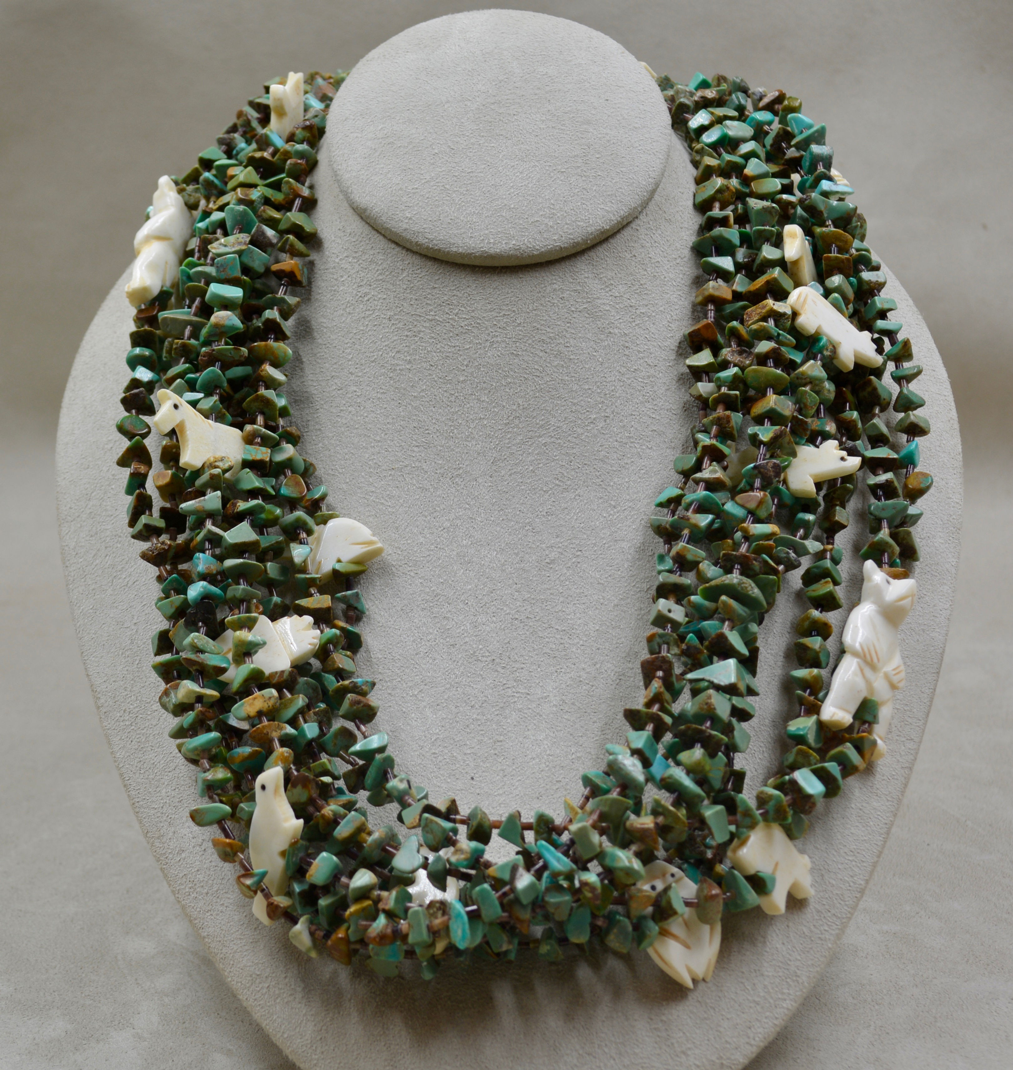 10 Strand Santo Domingo/Zuni Royston Turquoise, Antler, Heishi Necklace