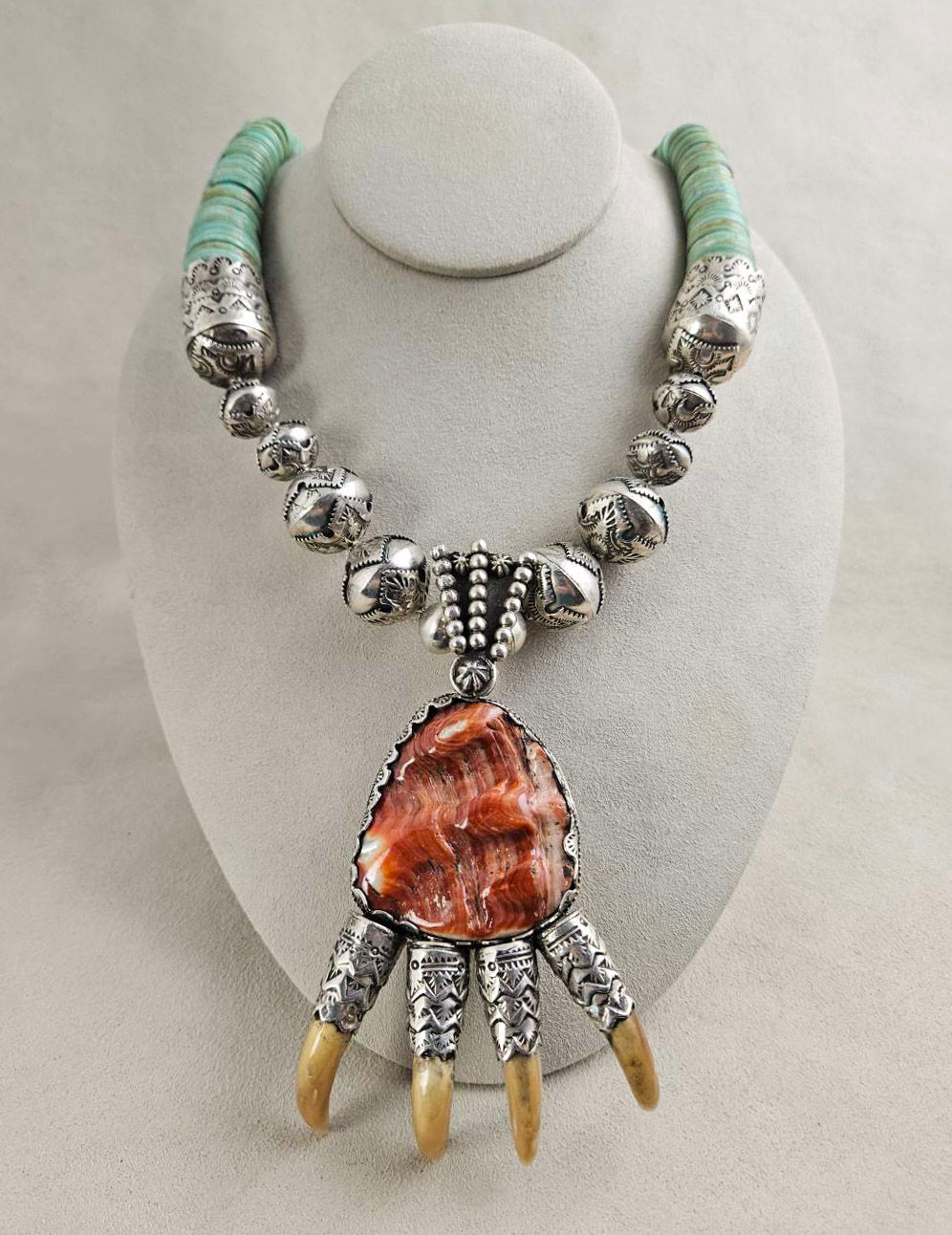 Sterling Silver Vintage Necklace w/ Turquoise, Abalone & Claw by James Nicholson