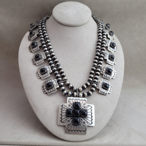 Four Directional Crosses Onyx Squash Blossom Necklace by Marcella James True West Gallery