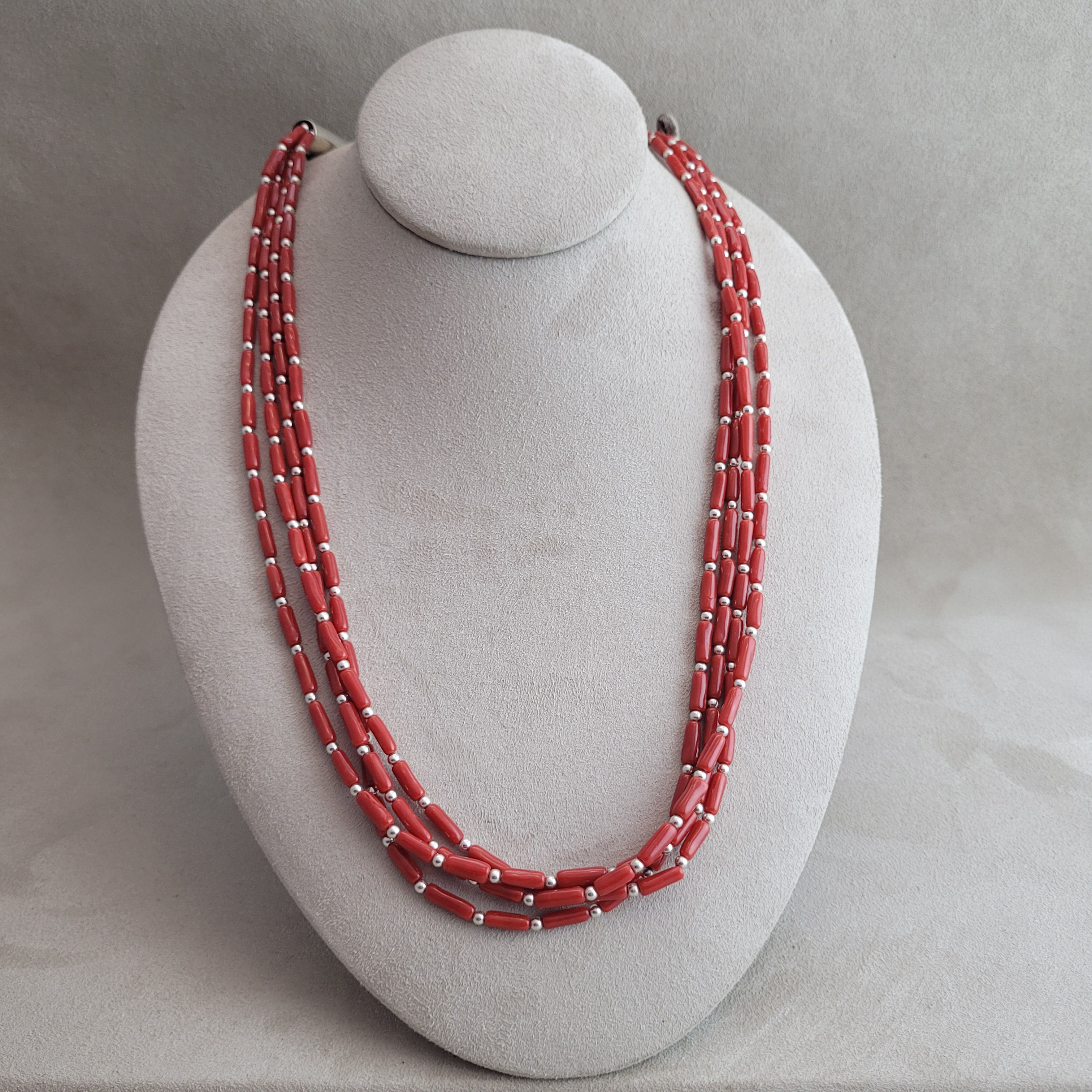 Handmade Mediterranean Coral Barrel Bead Four Strand Necklace