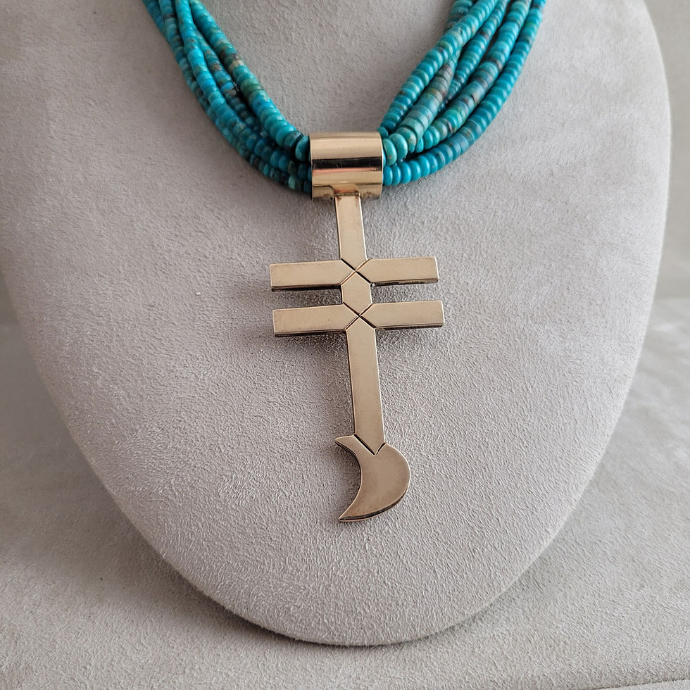 Thumbnail: Hand Rolled Royston Turquoise Bead Necklace with 14K Pueblo Cross Pendant