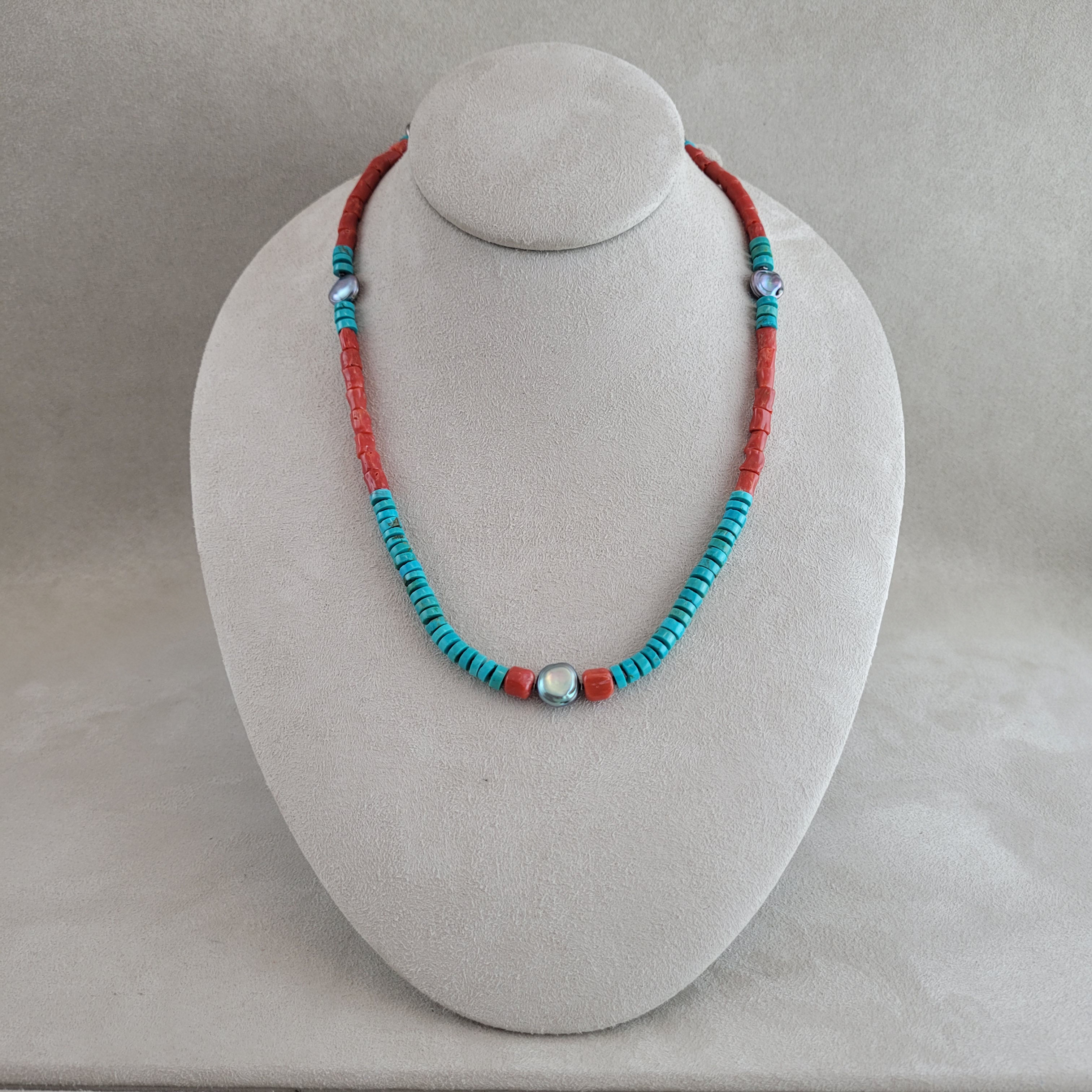 Mediterranean Coral, Chinese Turquoise Heishi, Black Pearls, & Hematite Necklace
