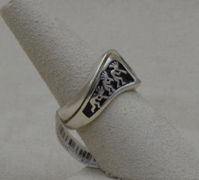Thumbnail: Sterling Silver, Coral & Turquoise Kokopelli Puzzle 6 1/4X Ring by Lente