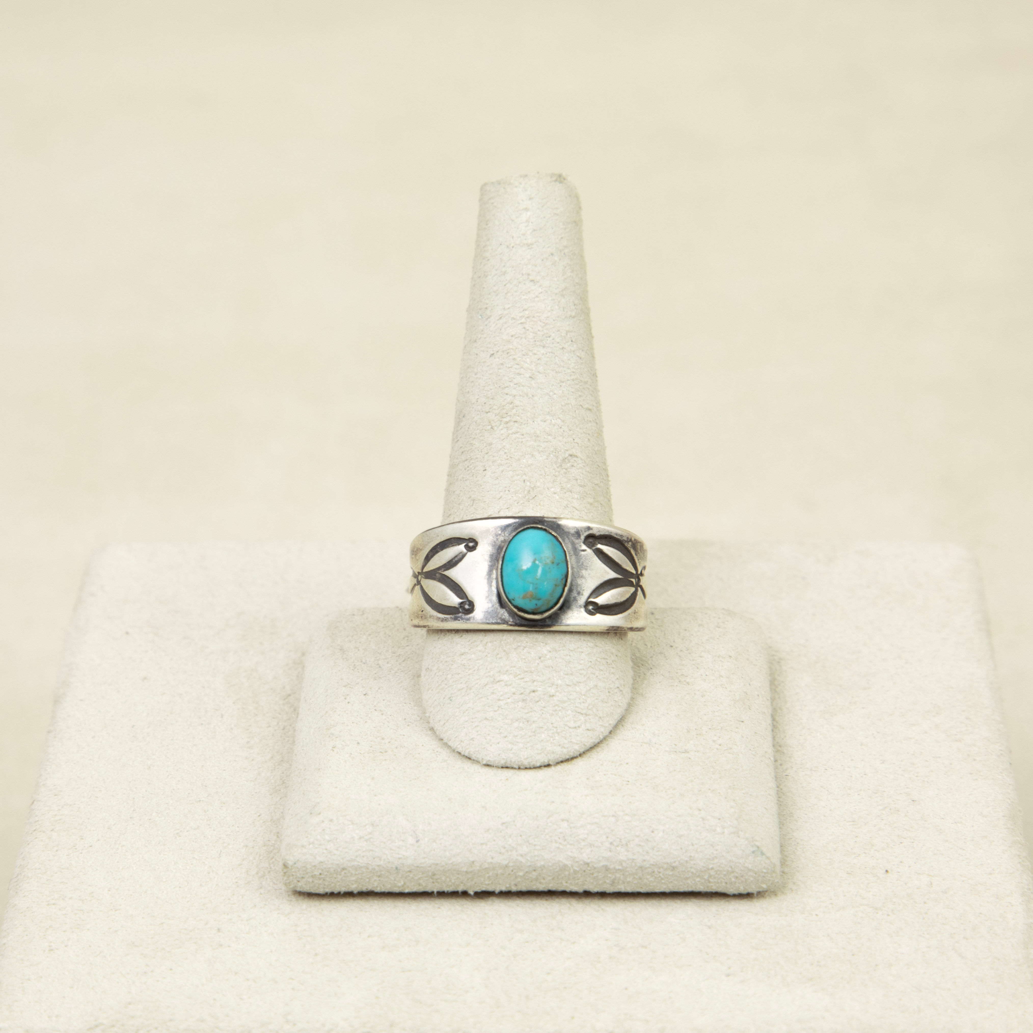 Sterling Silver Oval Turquoise Ring with Stamped Tapered Band by Mike French