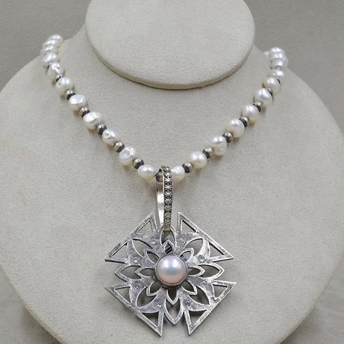 Mabe Pearl & White Topaz on Oxidized Sterling Silver Pendant by Michele McMillan