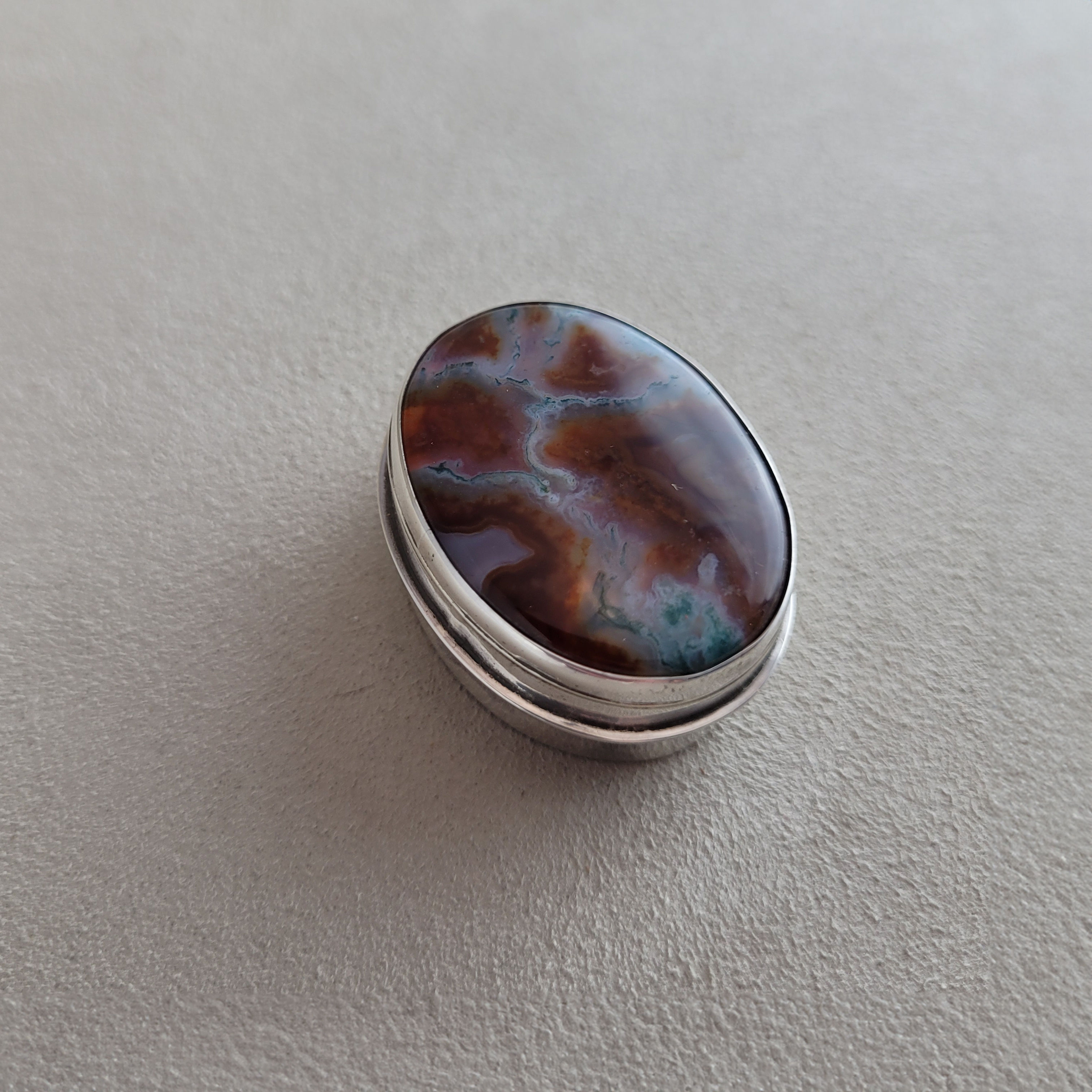 70's Moss Agate Sterling Silver Pill Box