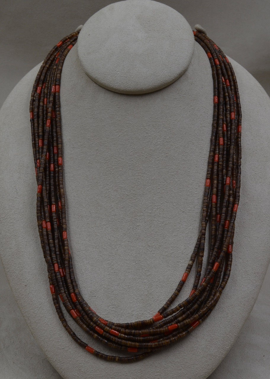 Thumbnail: 10 Strand Baby Olive Shell Heishi w/ Red Coral Necklace by Peyote Bird