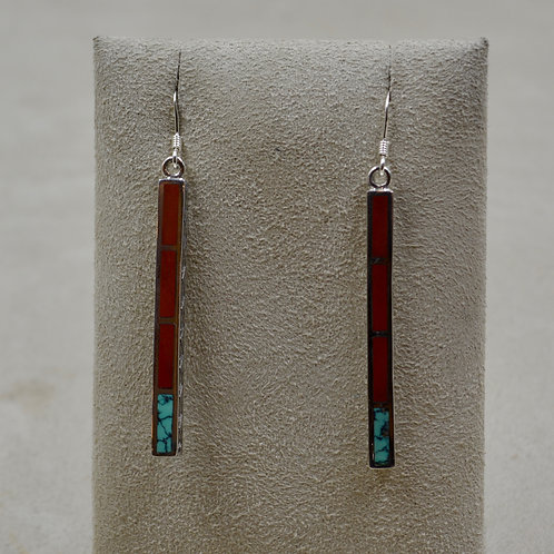 Coral, Turquoise, & Sterling Silver Medium Dancing Stick Earrings by Lente