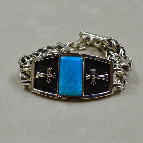 2 Row Wheat Chain w/ Large Kingman Turquoise & Cross Bracelet by JL McKinney