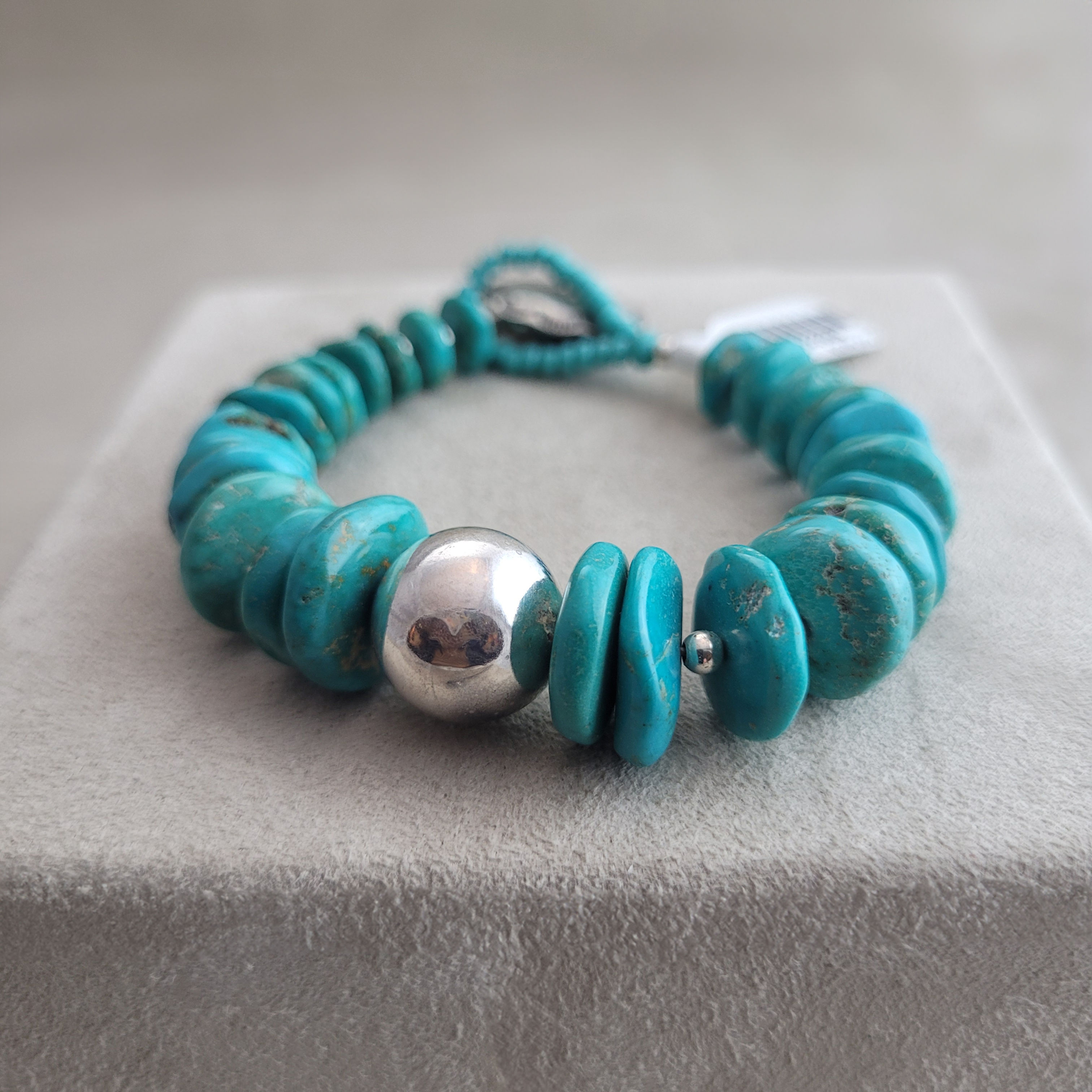 Natural Kingman Turquoise Disc Bracelet w/ Large Sterling Silver Bead by M Moser