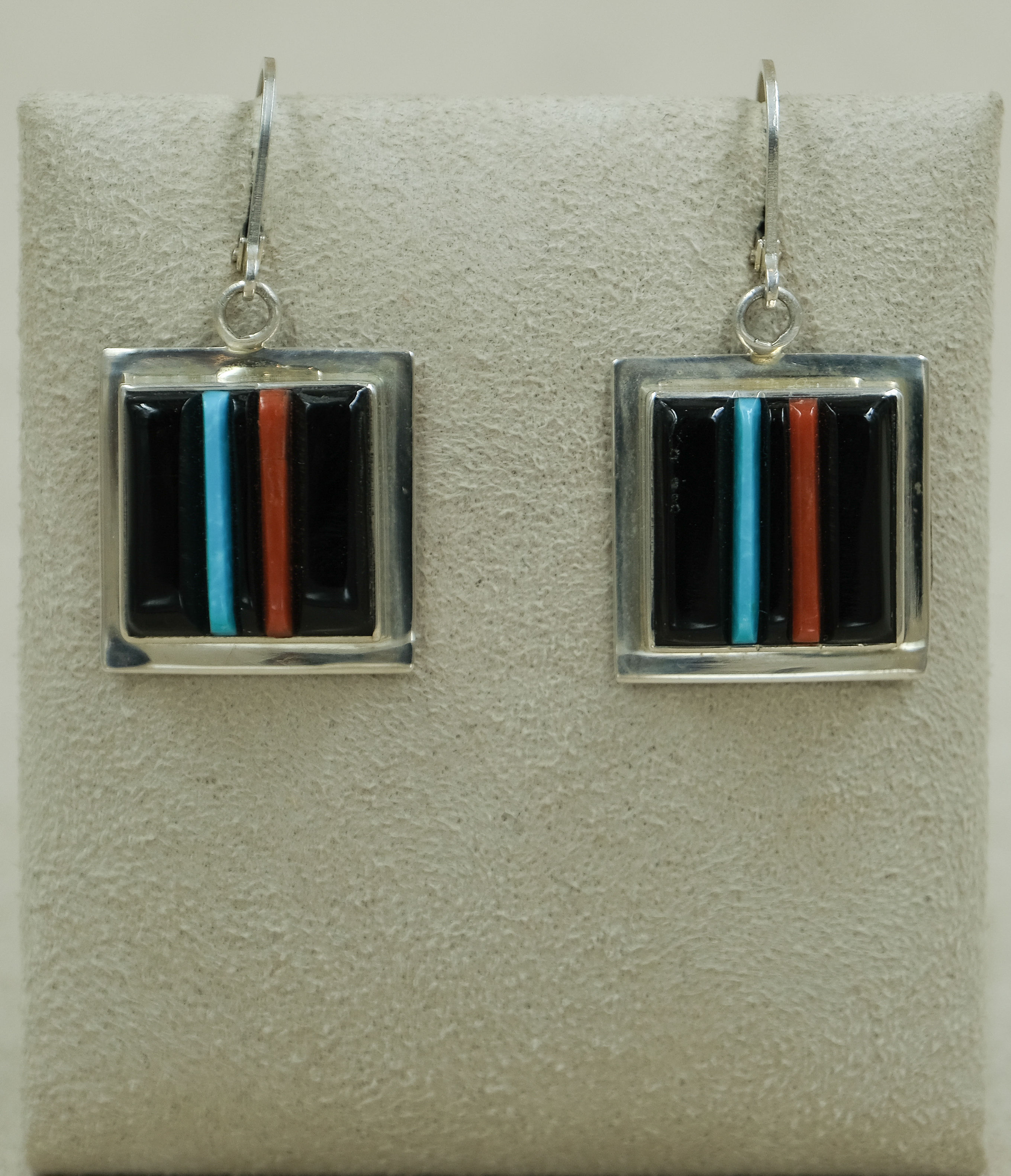 SS w/ Turquoise, Jet, and Coral Cornroll Earrings by Veronica Benally