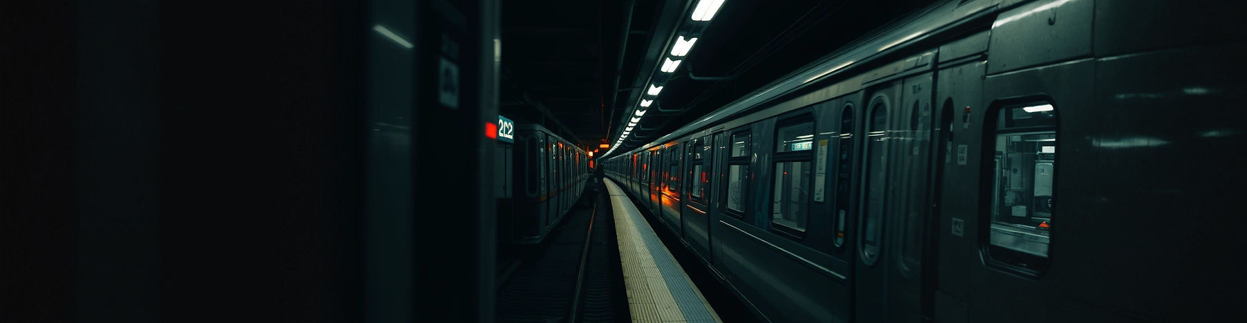 dark but beautiful photorealistic view of a public transit system, perhaps a city commuter