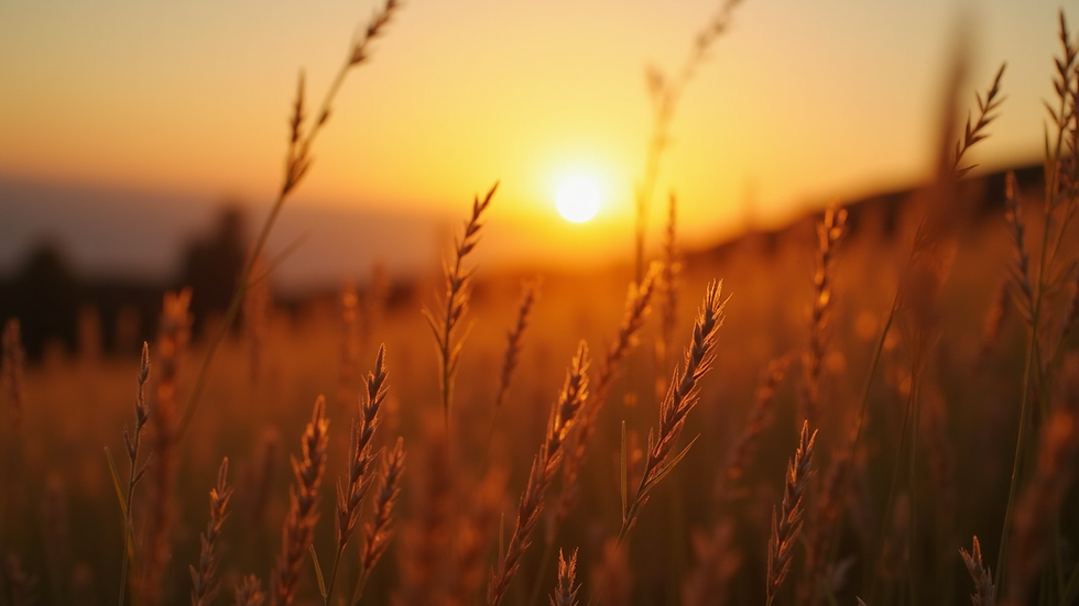 Close-up view of a serene landscape with a sunset