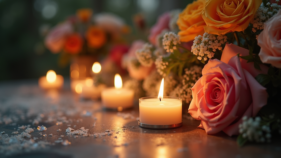 Close-up view of a beautifully arranged memorial table with candles and flowers