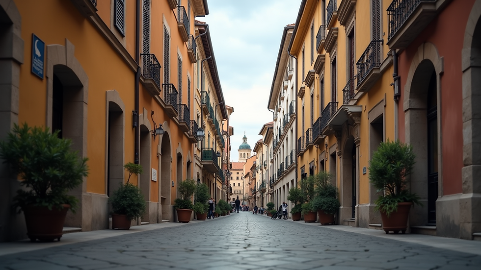 Eye-level view of a scenic European street lined with historic buildings