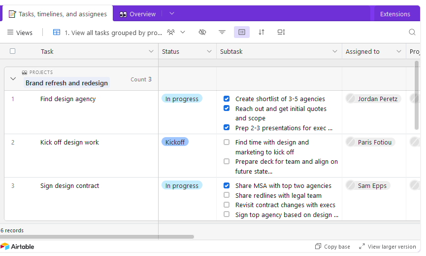 what is airtable - an example of tasks, timelines and assignees