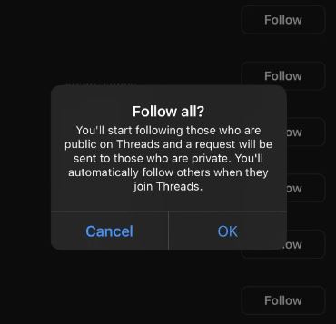 Instagram Threads Ideas - threads screenshot of follow all