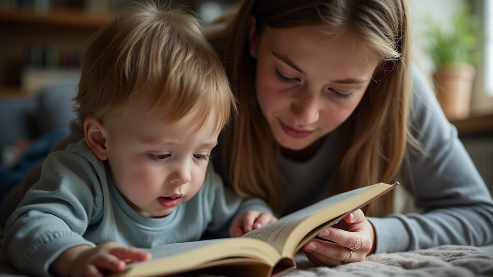 Eye-level view of a parent and child reading together