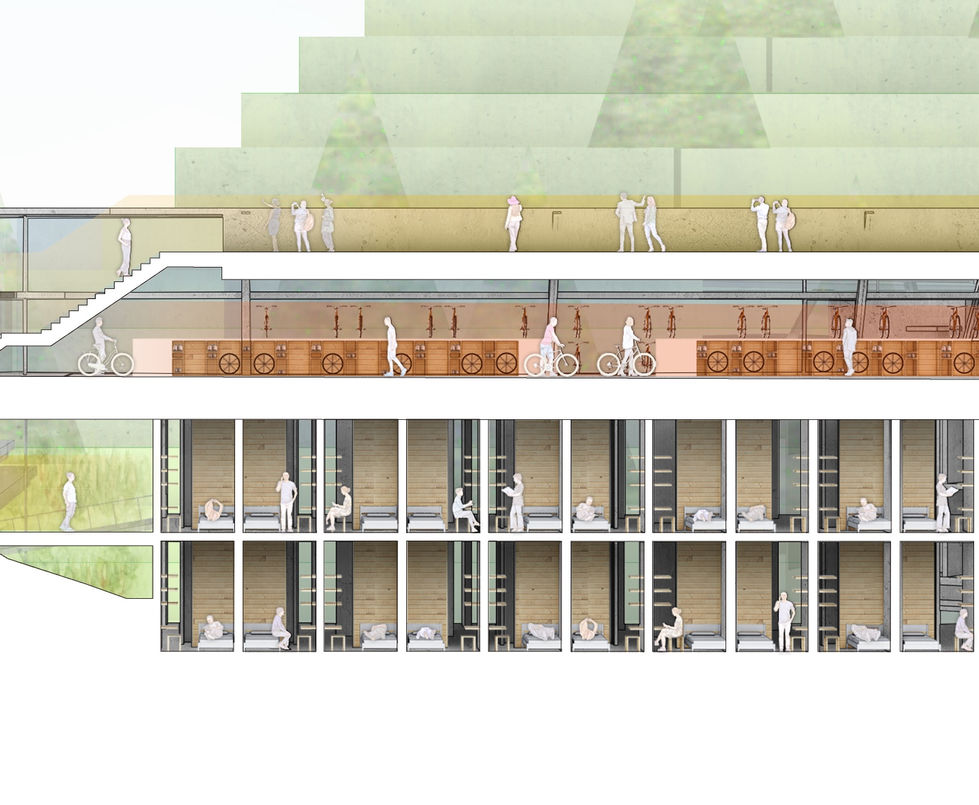 We peek into the dormitory on the 1st and 2nd floors. The 3rd floor is a hangar for bicycles with a central wooden storage for shoes, wheels and other cycling equipment. The roof, in all section segments. is a walkway for people to admire Mt Fuji in the distance.