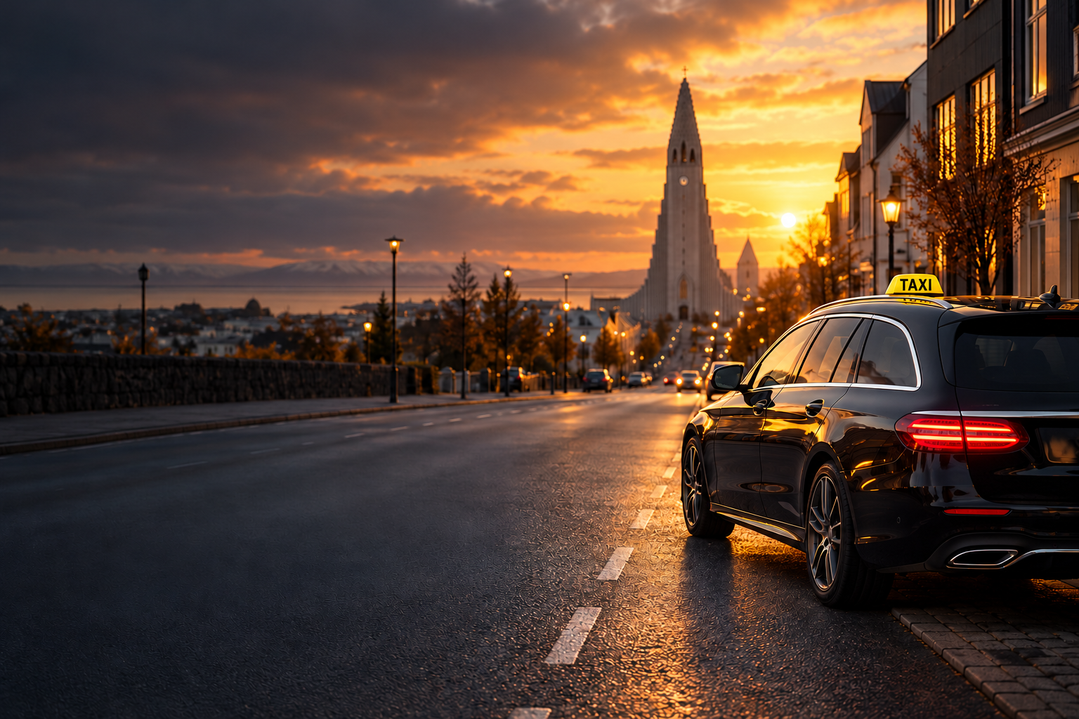 Reykjavík Rides taxi by Hallgrímskirkja at dusk