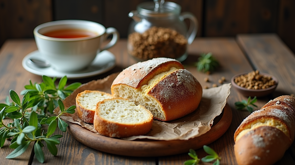 High angle view of a rustic table with sourdough bread, fresh herbs, and a cup of tea