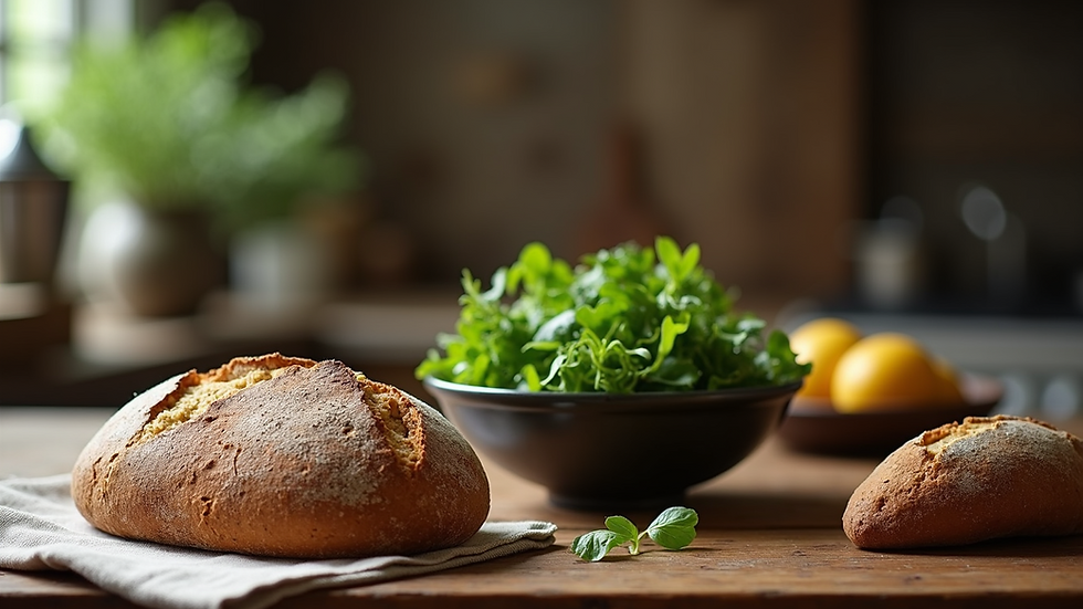 Eye-level view of a rustic kitchen table with a loaf of fermented bread and a bowl of mixed greens