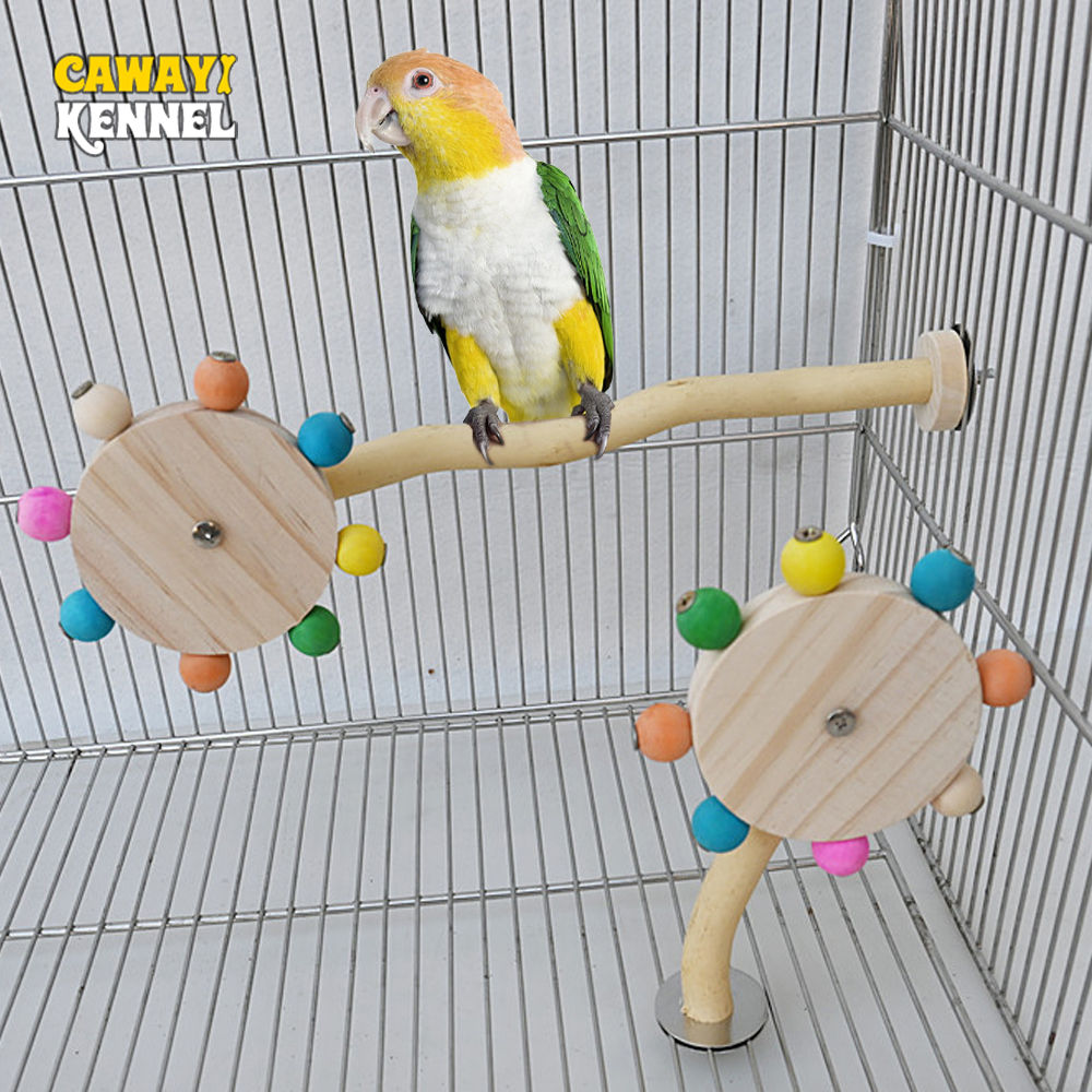 Interactive Wooden Parrot Perch Toy – Rotating Bead Activity Stand for Bird Cage