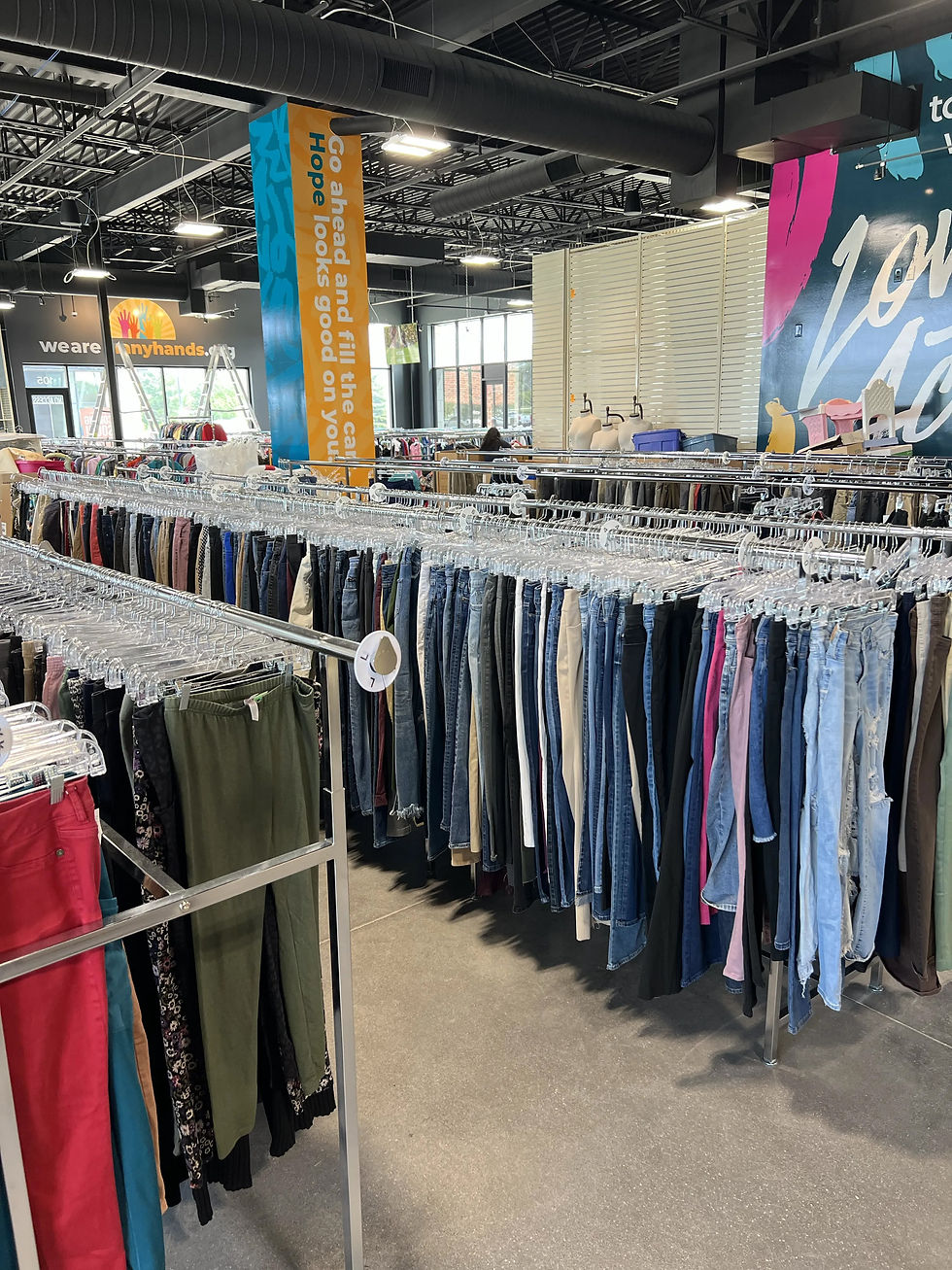 Racks of clothing at our newest thrift store at Jordan Creek