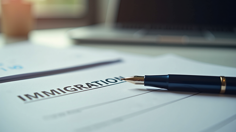 Close-up view of immigration documents and a pen on a desk