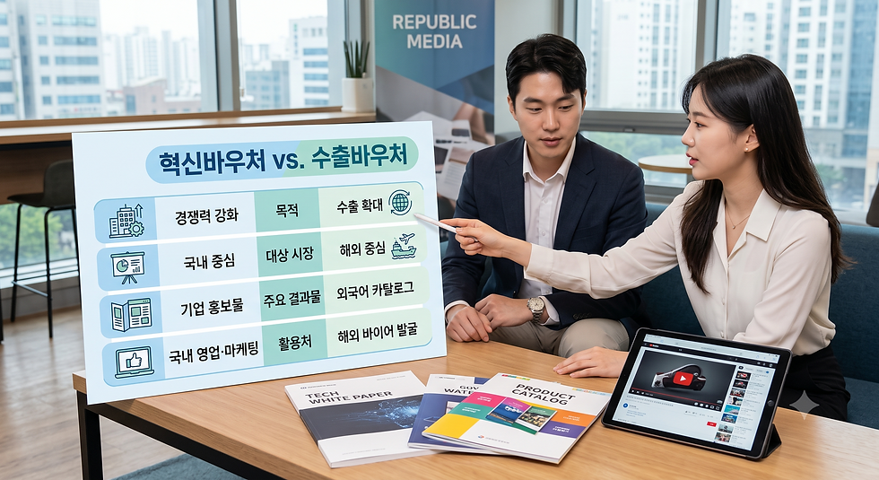 혁신바우처와 수출바우처 차이, 출판·콘텐츠 제작에는 어떤 사업이 맞을까? 기업 소개 브로슈어, 기술백서, 제품 카탈로그, 홍보영상 같은 콘텐츠를 제작하면서 정부 지원사업을 알아보다 보면 혁신바우처와 수출바우처를 함께 접하게 됩니다. 두 사업은 비슷해 보이지만 선택 기준은 비교적 명확합니다.